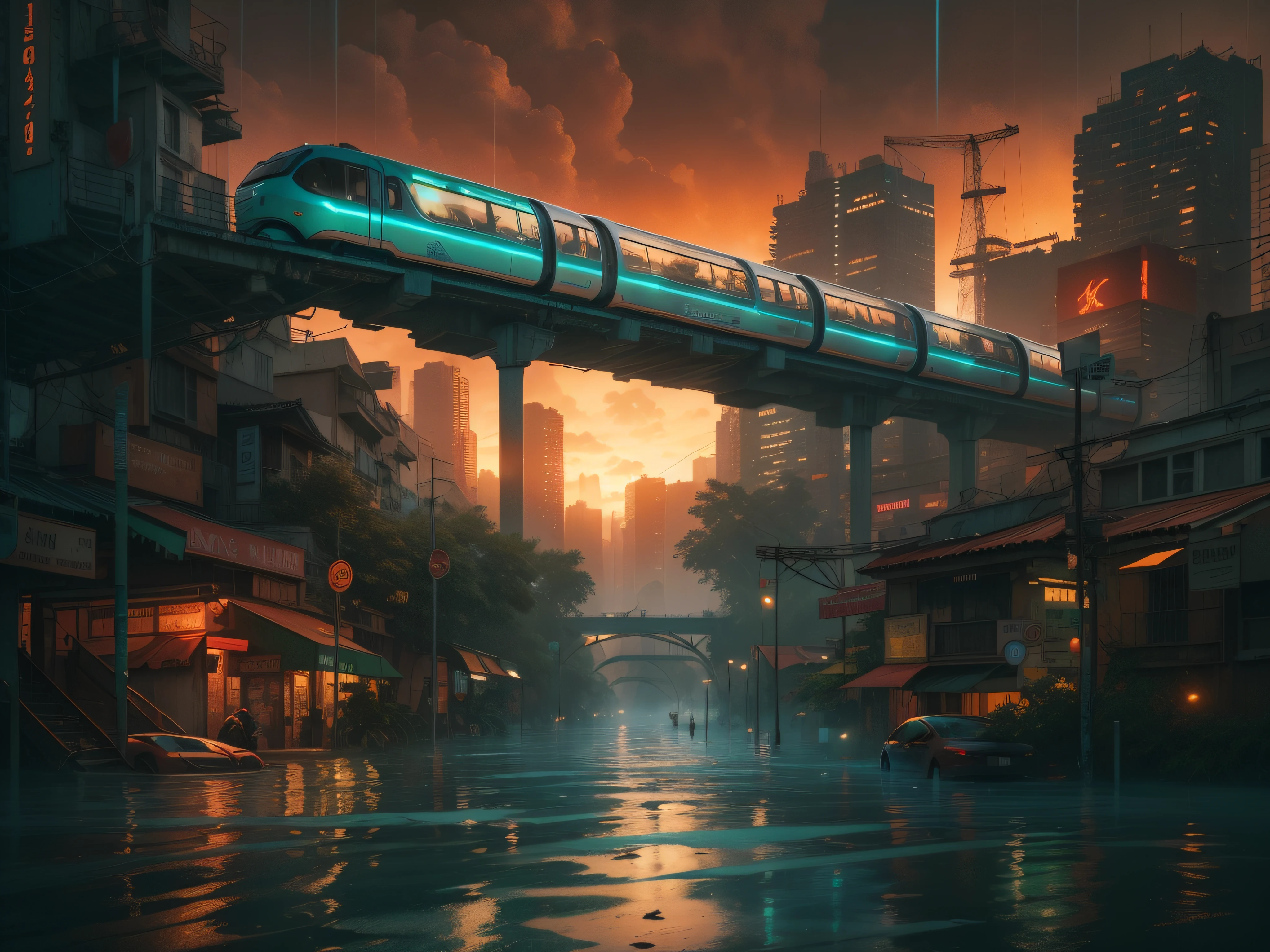 A cyberpunk cityscape of a partially flooded tropical metropolis, a monorail over the water, at sunset in light rain, by Jacob Lawrence and Francis picabia, perfect composition, beautiful detailed intricate insanely detailed octane render trending on artstation, 8 k artistic photography, photorealistic concept art, soft natural volumetric cinematic perfect light, chiaroscuro, award - winning photograph, masterpiece, oil on canvas