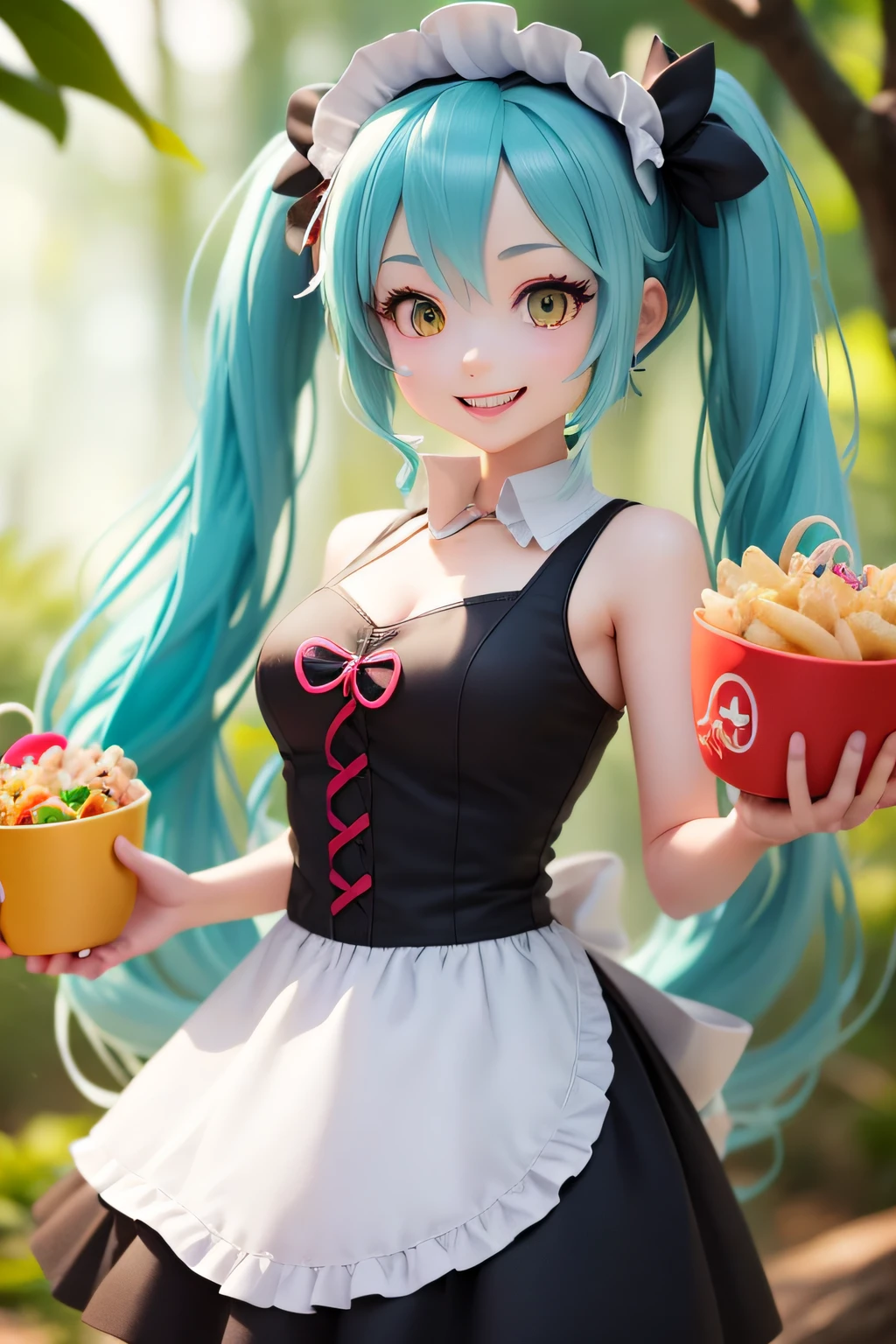 high resolution, 3D cartoon, araffe girl in a white dress holding a bowl of food, pop up parade figure, mikudayo, anime figurine, anime figure, hatsune miku, rin, good smile company fantasy, a maid in a magical forest, good smile company anime style, a happy meal toy of hatsune miku, portrait of hatsune miku, anime girl with teal hair, masterpiece, best quality