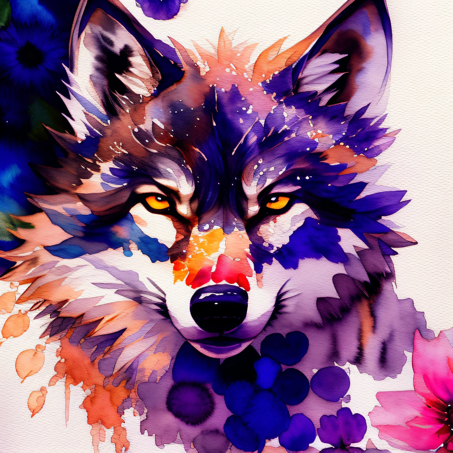 wtrcolor style, digital art of (wolf character), official art, frontal, smiling, masterpiece, beautiful, ((watercolor)), face painting, ink splashes, intricate details. Detailed and highly detailed eyes, [pinging: 0.5], Trend in artstation, by Rachel Walker