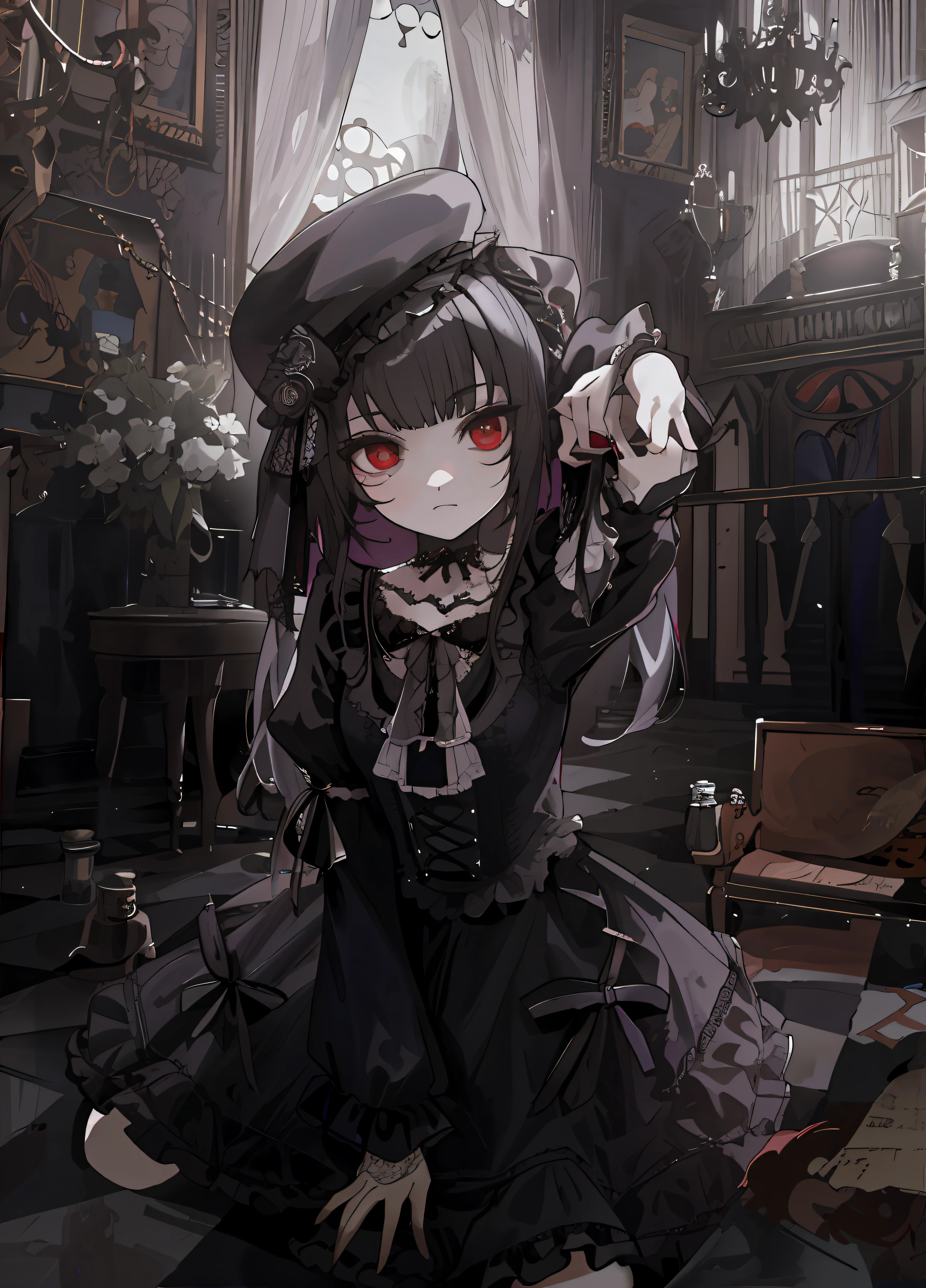 Chica de anime con un vestido negro sentada en el suelo con un sombrero puesto, Gothic anime girl Maiden, gothic art style, goth girl, Gothic!!, 1 7 - year - old anime goth girl, an elegant gothic princess, Estilo de arte oscuro, Arte Barroco Oscuro, dark fantasy style, gothic art, Retrato de ta, victorian gothic loliashion, dark fantasy style art, red eyes