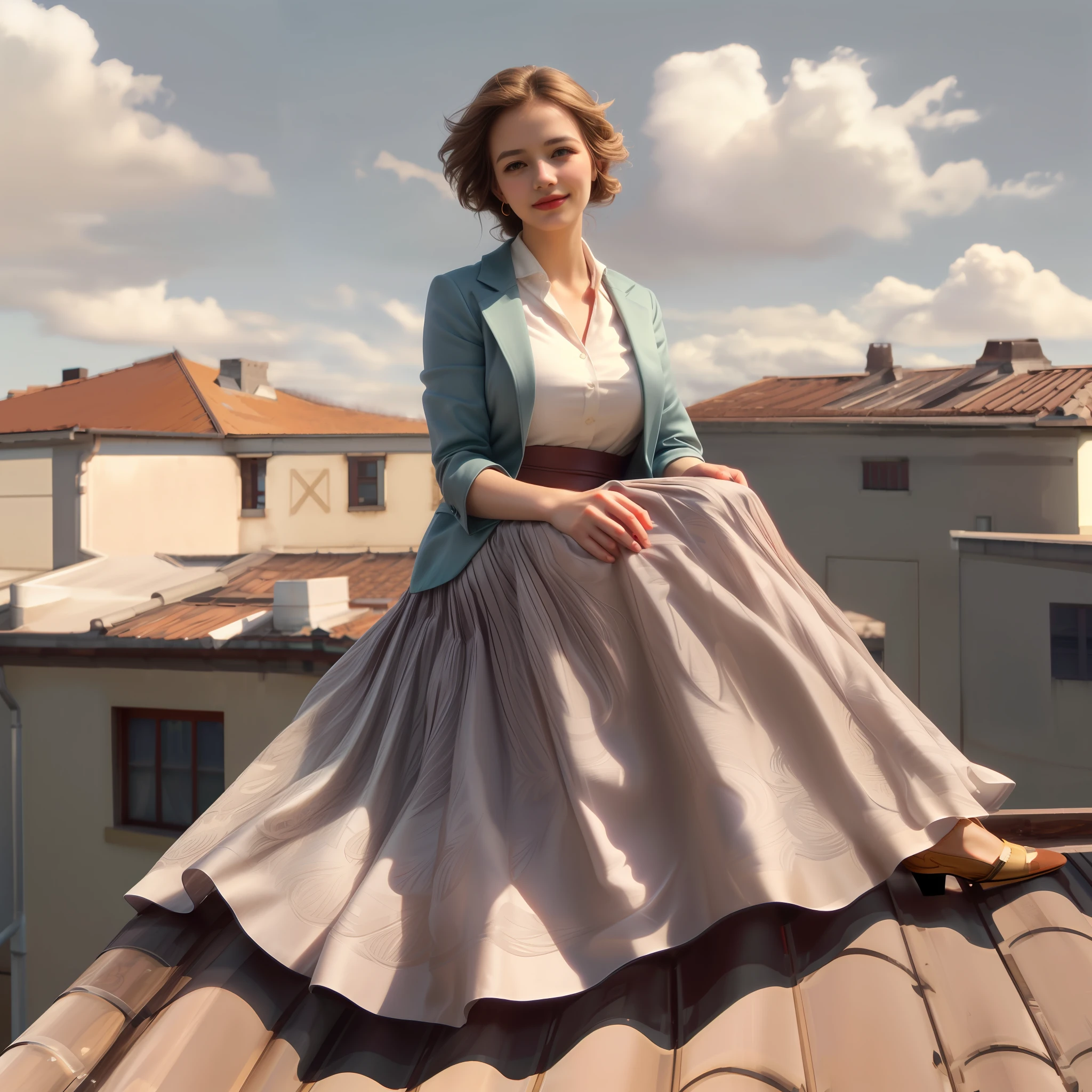 (shy smiling) woman sitting on a roof outside and playing with her skirt and spreading her skirt all over the roof, authentic (kind and tender) good woman wearing a short blazer with a very very detailed (long (fully pleated) full circle skirt) and (simple) low heeled office shoes, very very intricate hyper-detailed symmetric (attractive graceful young feminine face) with (sad, tired eyes and a shy smile), large breasts, full of empathy and compassion and love, (pronounced (feminine) features), (highly detailed ultra accurate realistic) hands and fingers, (windy conditions and wind blowing), epic composition, highly detailed attributes, highly detailed atmosphere, (35mm f1.4 Kodak portra 400 photograph), extremely high quality RAW photograph, detailed background, intricate, Exquisite details and textures,