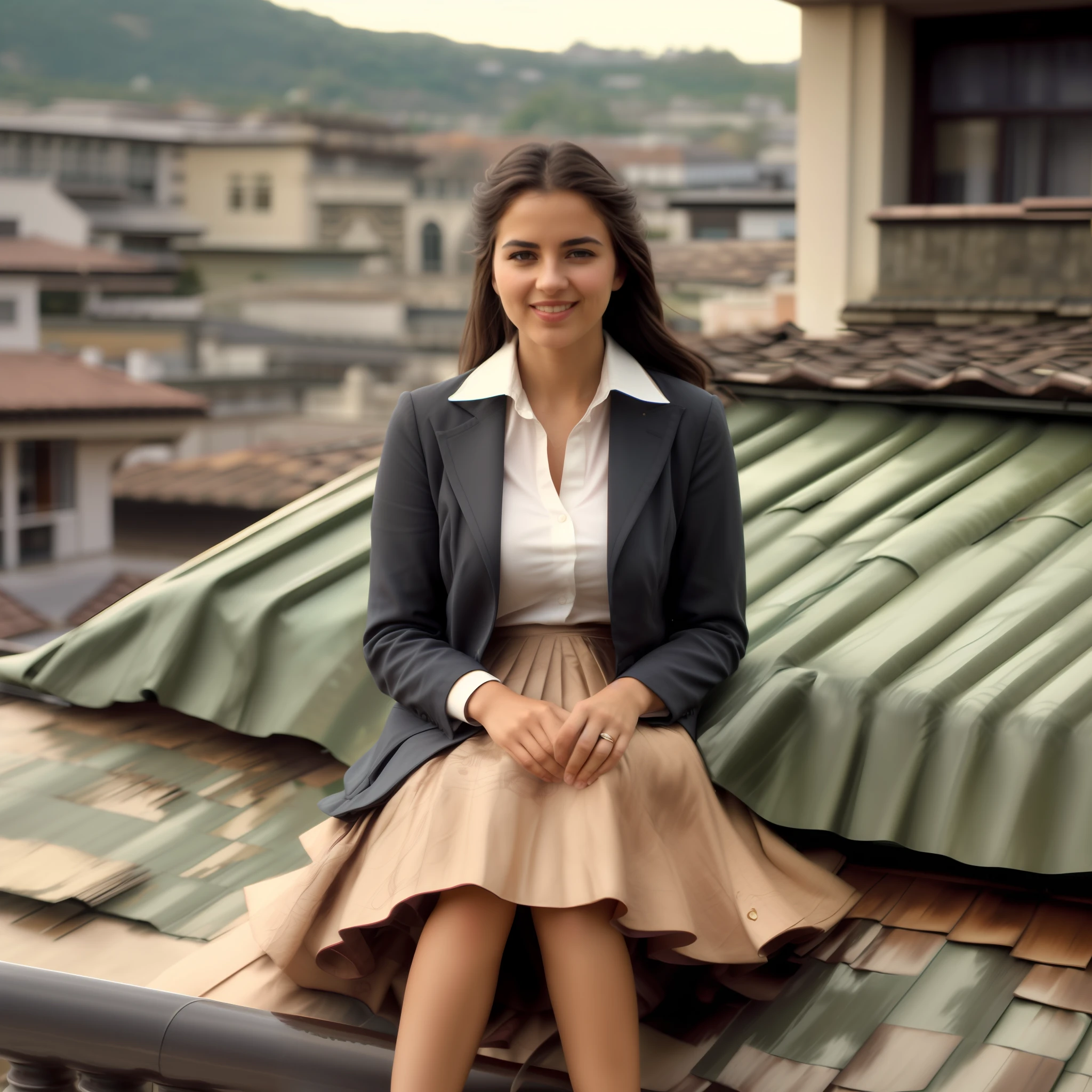 (shy smiling) woman sitting on a roof outside and playing with her skirt and spreading her skirt all over the roof, authentic (kind and tender) good woman wearing a short blazer with a very very detailed (long (fully pleated) full circle skirt) and (simple) low heeled office shoes, very very intricate hyper-detailed symmetric (attractive graceful young feminine face) with (sad, tired eyes and a shy smile), large breasts, full of empathy and compassion and love, (pronounced (feminine) features), (highly detailed ultra accurate realistic) hands and fingers, (windy conditions and wind blowing), epic composition, highly detailed attributes, highly detailed atmosphere, (35mm f1.4 Kodak portra 400 photograph), extremely high quality RAW photograph, detailed background, intricate, Exquisite details and textures,