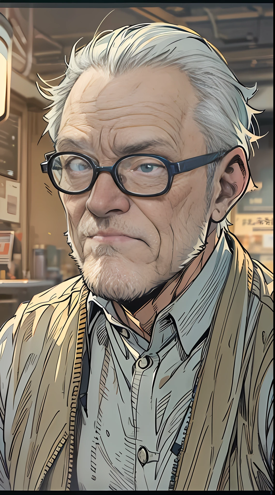 the comic contains an older man with glasses, in the style of gongbi, realistic hyper-detailed rendering, light gray and light gold, cartoon mis-en-scene, photo-realistic, cryptid academia, cartoon violence, 32k, best quality, masterpiece, super detail, high details