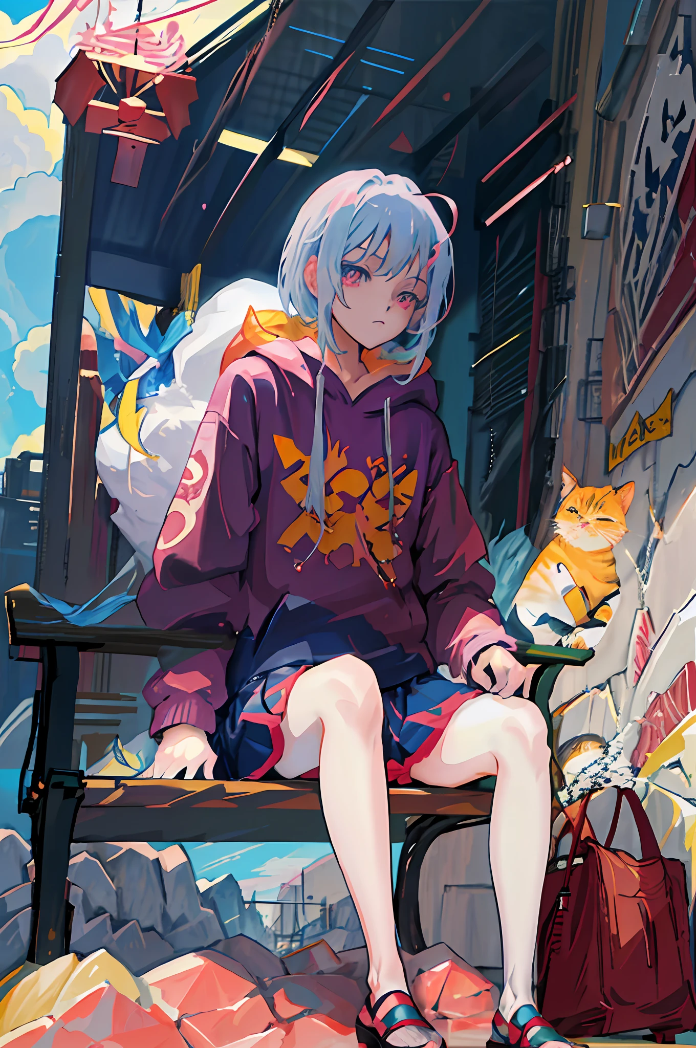 Anime girl sitting on bench，There is a cat in front of him, style of anime4 K, Anime style illustration, Anime style. 8K, Guviz-style artwork, Anime art wallpaper 8 K, Anime art wallpaper 4k, Anime art wallpaper 4 K, anime styled digital art, Digital anime illustration, anime style art