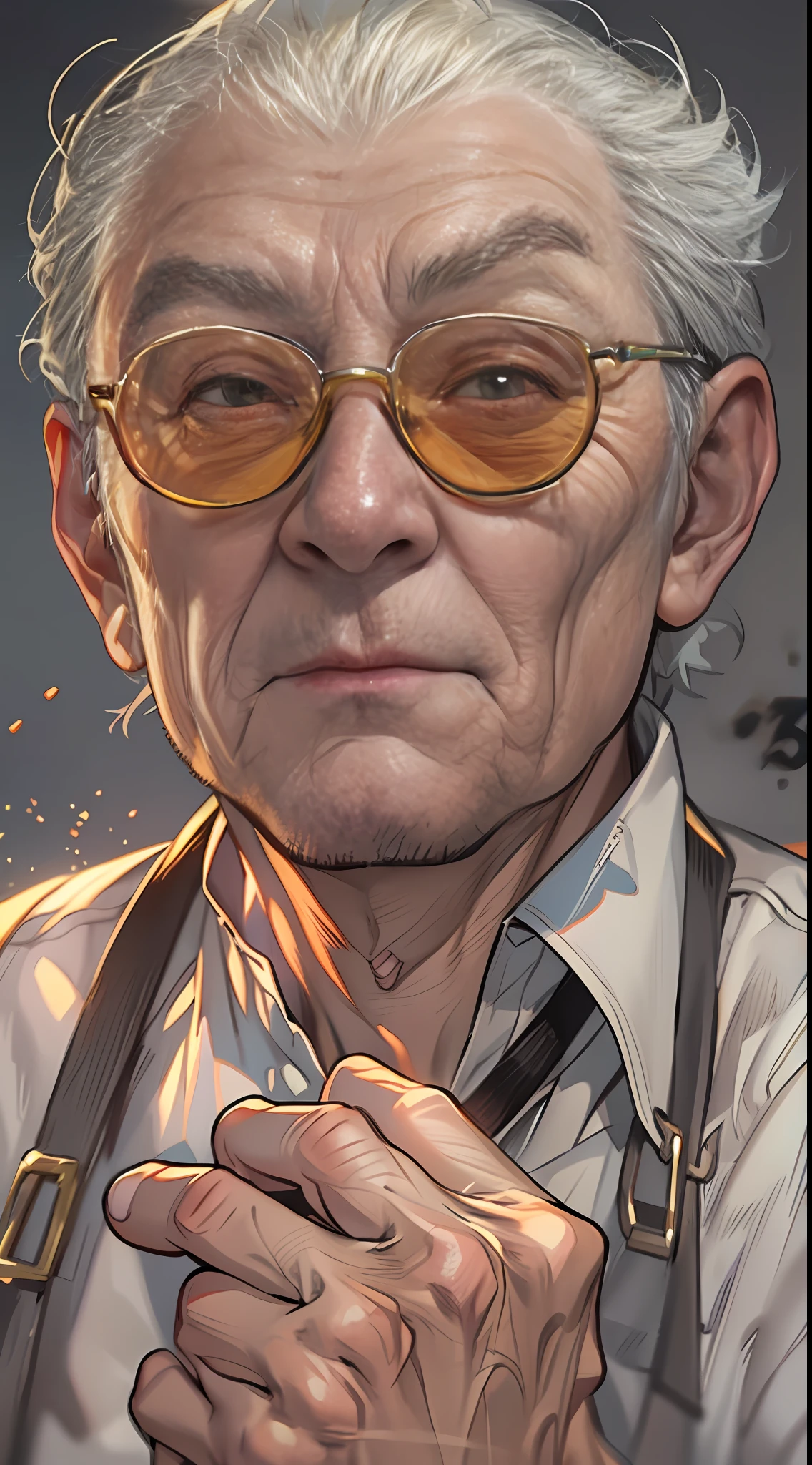the comic contains an older man with glasses, in the style of gongbi, realistic hyper-detailed rendering, light gray and light gold, cartoon mis-en-scene, photo-realistic, cryptid academia, cartoon violence, 32k, best quality, masterpiece, super detail, high details