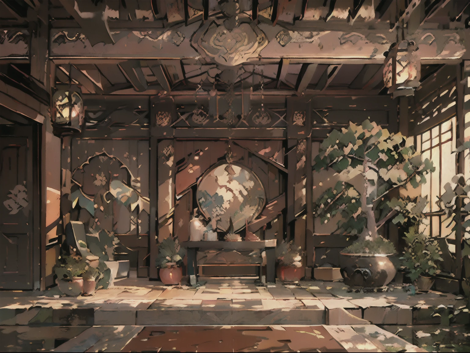 (antique interior design), Chinese home furnishings, round porch, depth, symmetrical design, ((antique carved door beams, carved beam paintings, tables and chairs, bonsai, vases, porcelain, trees, flowers, Chinese lamps, embroidery, screens, beds, cushions, red sand curtains)), exquisite home, rich details, ancient Chinese Ming dynasty style, quiet and elegant atmosphere, red tones as the keynote, exquisite and soft painting style, cinematic lighting effects, HD picture quality, soft light, Tyndall effect, dreamy, rich details, Reference Gu Kaizhi, 32k, high quality, high resolution, (very detailed CG unity 8k wallpaper)