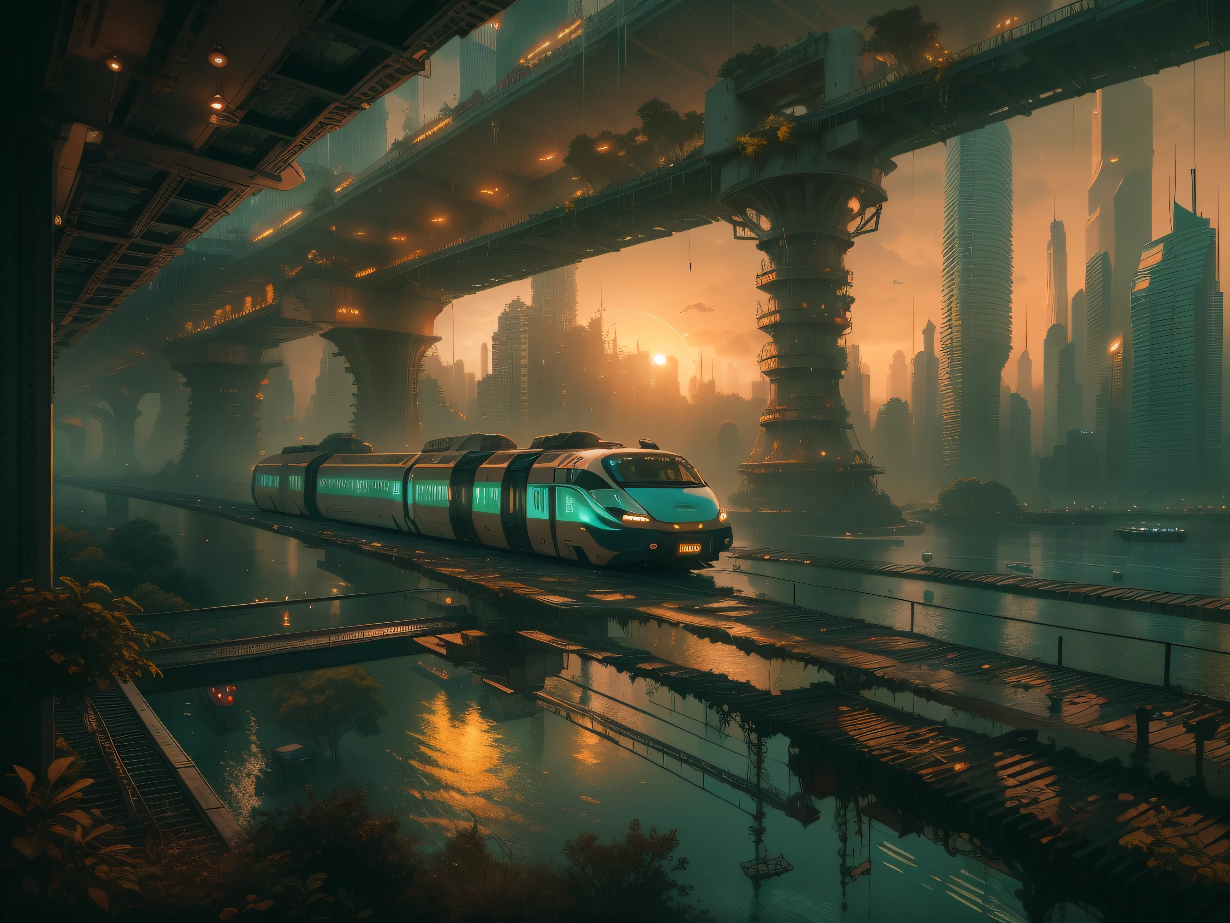 A cyberpunk cityscape of a partially flooded tropical metropolis, a monorail over the water, at sunset in light rain, by Jacob Lawrence and Francis picabia, perfect composition, beautiful detailed intricate insanely detailed octane render trending on artstation, 8 k artistic photography, photorealistic concept art, soft natural volumetric cinematic perfect light, chiaroscuro, award - winning photograph, masterpiece, oil on canvas