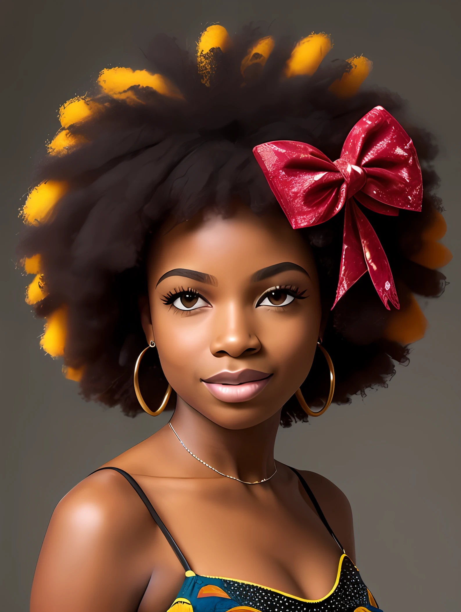 Menina afro-africana: 2.30, afro-queniano: 2.40 (cor marrom escura: 3.10), cabelo cacheados, vestido longo colorido, olhos grandes castanhos claros Cintilantes, Bow in the hair , foto limpa,  modelo --auto