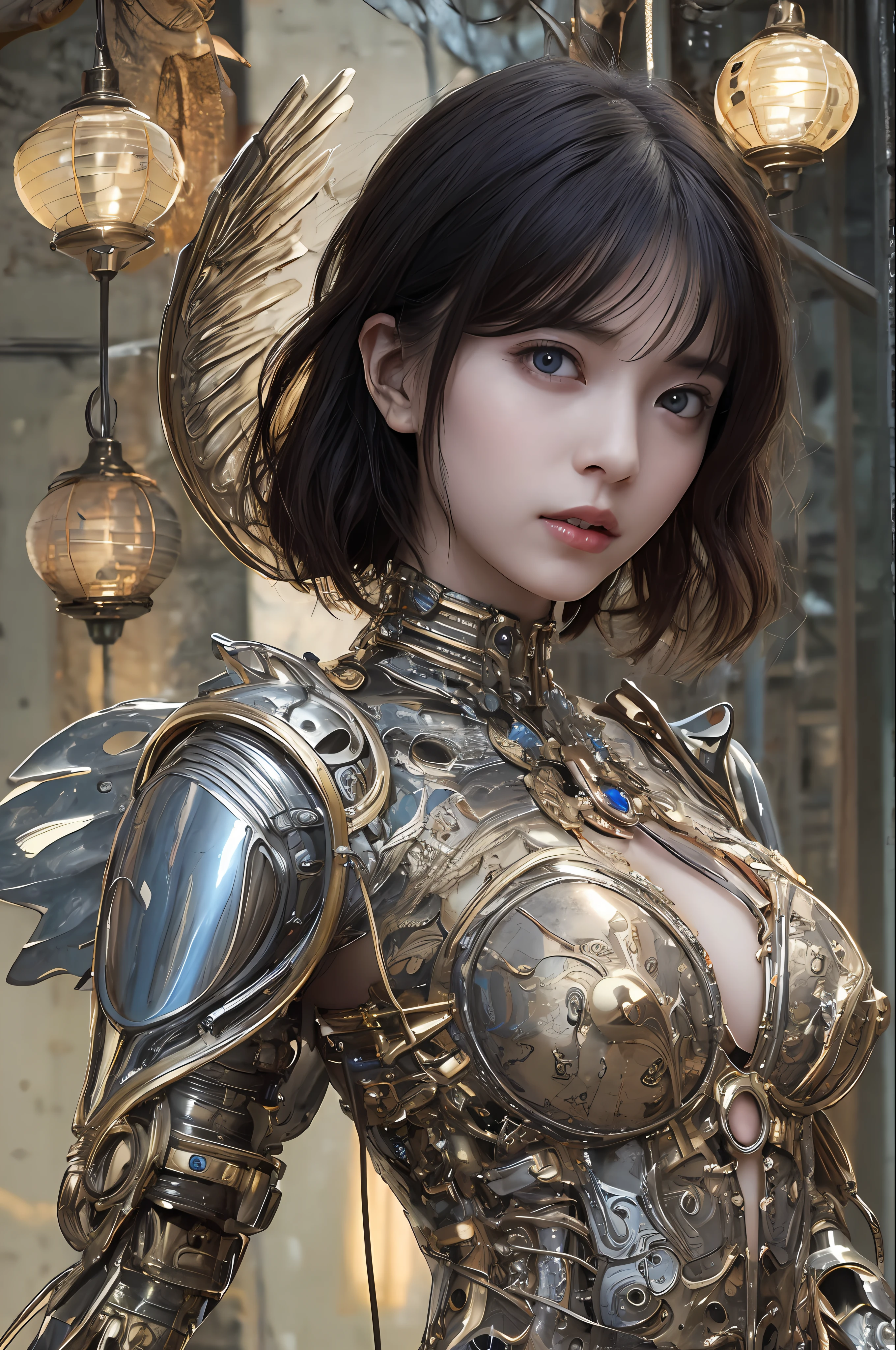 top-quality、masterpiece、超A high resolution、(Photorealsitic:1.4)、Raw photo、女の子1人、Black hair、glowy skin、1. Mechanical Angel Girl、large metal wings、((super realistic details))、portlate、globalillumination、Shadow、octan render、8K、ultrasharp、Colossal tits、Raw skin is exposed in cleavage、metals、Details of complex ornaments、Steampunk details、Hydraulic cylinder、highly intricate detail、Realistic light、CGSoation Trends、a purple eye、radiant eyes、Facing the camera、neon details、Mechanical limbs、blood vessels connected to tubes、Mechanical vertebrae attached to the back、mechanical cervical attaching to neck、cowboy shot、Wires and cables connecting to the head、Sumerian details、Small LED lamp、
