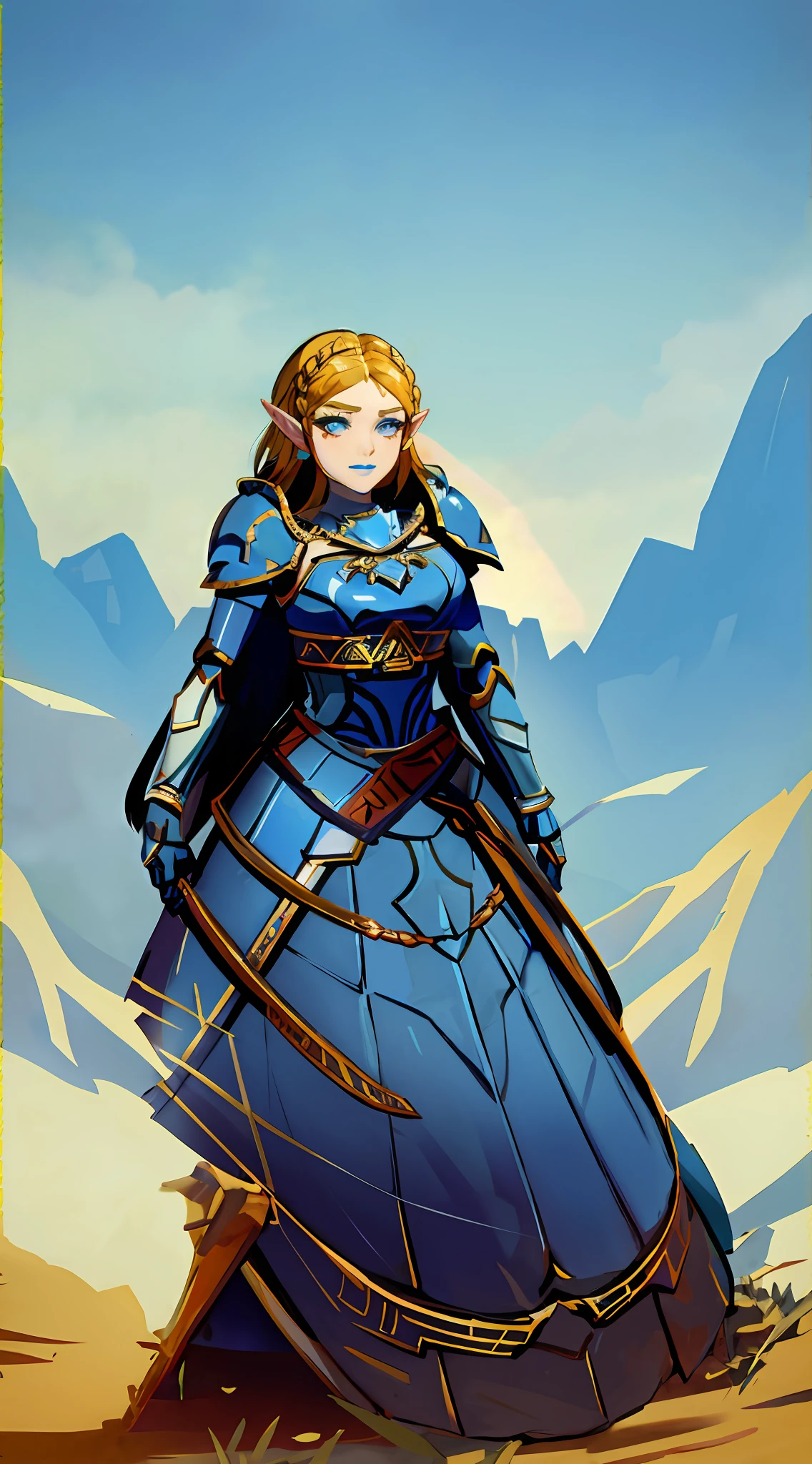 there is a woman in a blue dress standing in the desert, blue armor, in opal armor, zelda style art, zelda, female paladin, pale blue armor, botw style, elf princess knight, zelda botw, portrait of female paladin, gorgeous female paladin, portrait of princess zelda, princess zelda, dressed in light armor, fantasy paladin woman, wearing royal blue lipstick, closed smirk