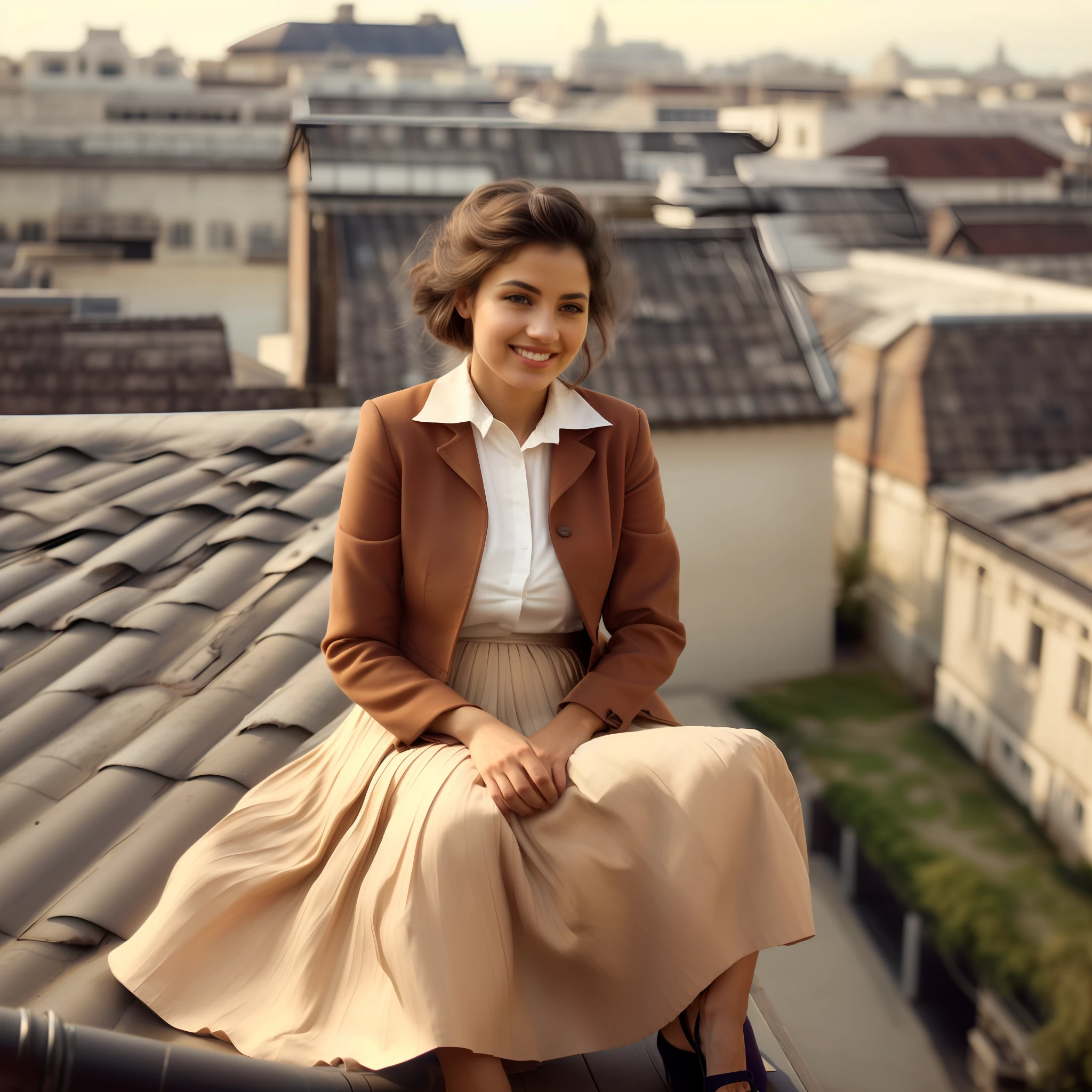 (shy smiling) woman sitting on a roof outside and playing with her skirt and spreading her skirt all over the roof, authentic (kind and tender) good woman wearing a short blazer with a very very detailed (long (fully pleated) full circle skirt) and (simple) low heeled office shoes, very very intricate hyper-detailed symmetric (attractive graceful young feminine face) with (sad, tired eyes and a shy smile), large breasts, full of empathy and compassion and love, (pronounced (feminine) features), (highly detailed ultra accurate realistic) hands and fingers, (windy conditions and wind blowing), epic composition, highly detailed attributes, highly detailed atmosphere, (35mm f1.4 Kodak portra 400 photograph), extremely high quality RAW photograph, detailed background, intricate, Exquisite details and textures,