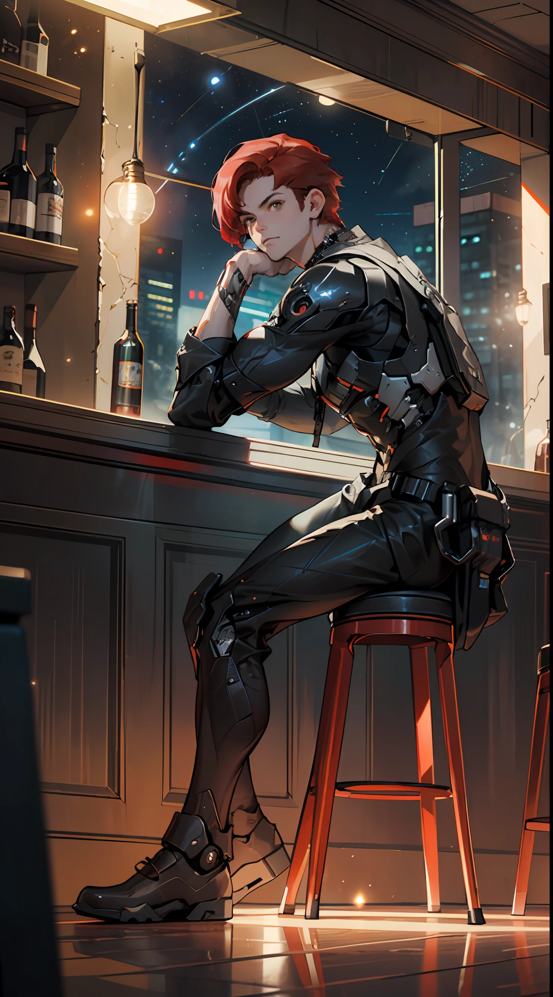 Smoke, (postapocalypse), ((Planets in the sky, stars in thr sky)), ((the night:1.5)), The ruined backdrop of the city, high buildings, sky scrapers, ((spaceship in the sky)), science-fiction, (sports body: 1.4), ((1male)), (muscular male body), (quiet look:1.3), looks out the window, (sitting at a bar:1.3), (Weapons in hand), (short red hair:1.4), (Brown eyes:1.2), (Detailed eyes and face:1.3), (Cyberpunk clothes), (black clothing:1.3), black sweatshirt, Black pants, (Cyborg's left arm:1.3), (Bottles on the floor:1.2), cityFuture, (calm face:1.3), Destroyed skyscrapers, Wire, HDR (High Dynamic Range), ray traced, NVIDIA RTX, Over-resolution, Unreal 5, sub-surface Scattering, текстурирование PBR, postprocessed, Anisotropic filtering, Depth of field, Maximum clarity and sharpness, Multi-layer Textures, Albedo and specular maps, Surface shading,  Accurate Light-Material Interaction Simulation, Octane rendering, duotone lighting, Low ISO, White balance, the rule of thirds, Wide aperture, 8K RAW, efficient sub-pixel, sub-pixel convolution, (luminescent particles: 1.4), {{tmasterpiece, beste-Qualit, extremely detailed CGI, Unity 8k壁纸, 3d, 电影灯光, lens flares}},