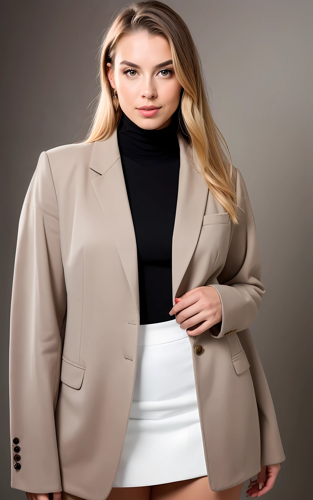 It generates the image of a 35-year-old woman with luxurious blazer, turtleneck shirt, she wears accessories, the woman has long straight light blonde hair, hyper realistic photo face well defined, elegant aspect. Full body photo. Her appearance is that of a rich and powerful woman with light brown skin. She wears red nail polish on her well-defined hands. Woman with 160 cm plus size and 300 kilos of weight. essay done in a photographic studio. photo is 8k quality, photos taken by hasselblad + stunningly identical, sharpness, detail + professional lighting, photo lighting + 50mm, 80mm, 100m + lightroom gallery + behance photos + unsplash --ar 2:3 50 --s 2
