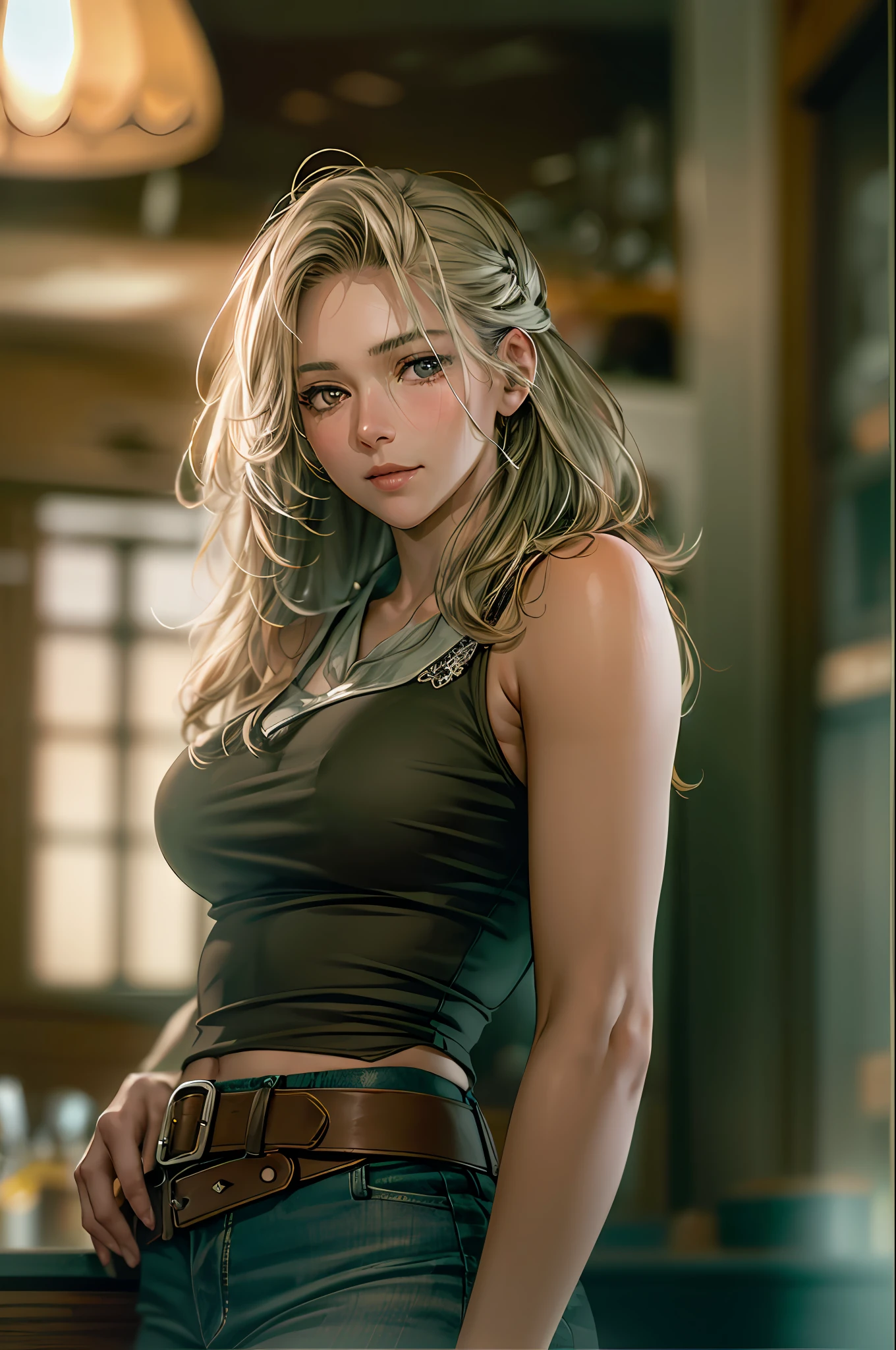 Cinematic portrait photography、Dark theme、octan render、8K、lifelike textures、1girl in、30-years old、A MILF, Calm、Calm、(Eye for realistic details、Realistic skin texture、Realistic face details)、Soft dramatic lighting、depth of fields、bokeh dof、vibrant detail、finely detail、Surreal、100mm film、Hazy blur、filmg、a blond、verd s eyes、Seductive smile, Cowgirl costume, cowboy boots, fringe trim, vests, Tied shirt, low-leg, Midriff, holster, bandana, Glass on the counter, Messy Bar Counter, Wooden wall, poster for、