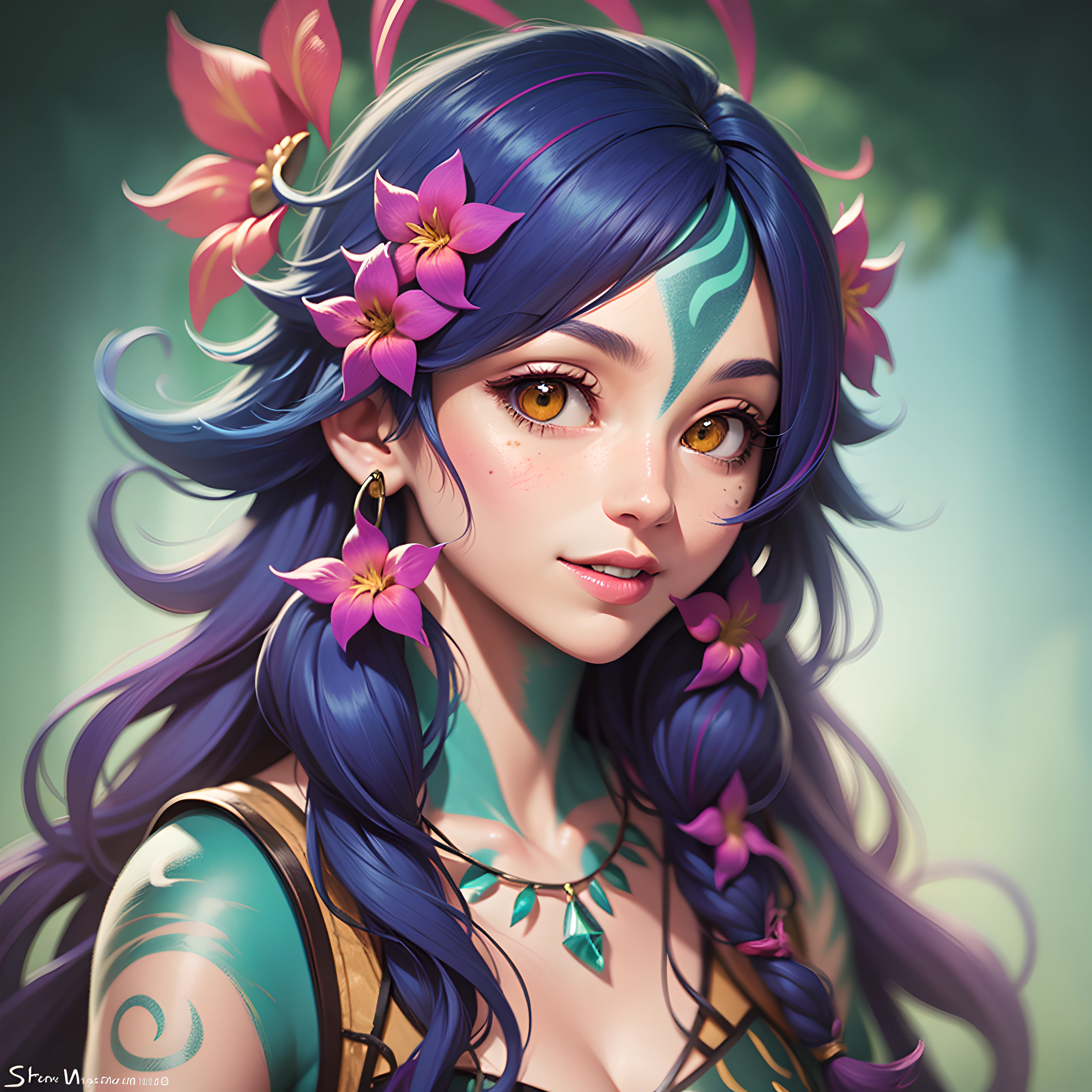 tmasterpiece, Best quality at best, Neeko, facial marks, hair adornments, hair flower, croptop,closeup of face, sportrait, blue-sky, ssmile, Keep one's mouth shut