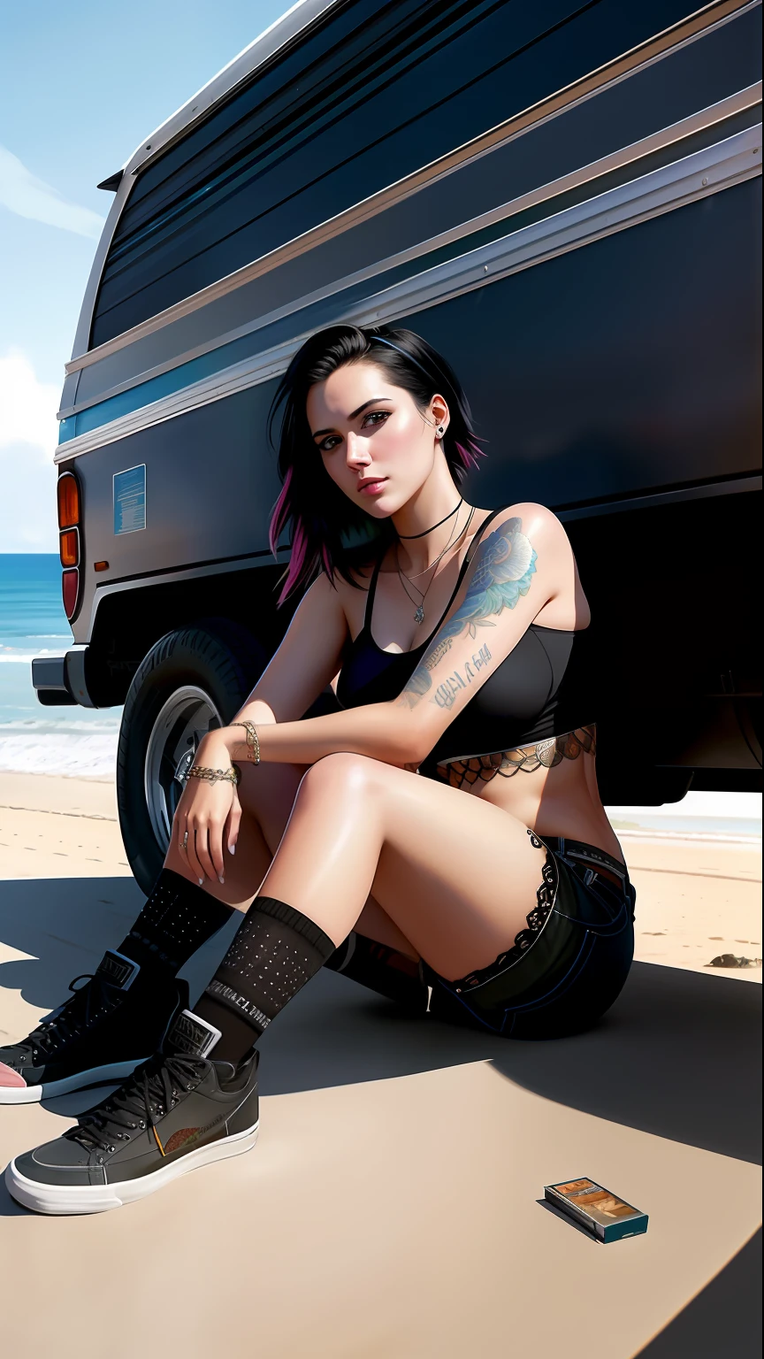 photo of the most beautiful artwork in the world featuring  a modern punk woman, leaning against a van on a California beach, trending on ArtStation, CGSociety, Intricate, High Detail, Sharp focus, dramatic, photorealistic painting art by greg Rutkowski