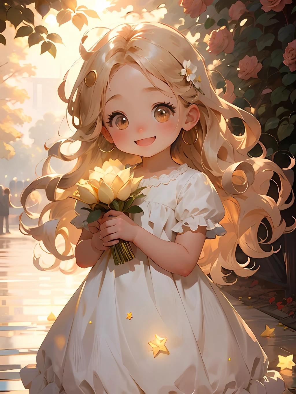 1girl, chibi, cute, long hair, light blonde  hair, glowing golden eyes, rose garden, floral dress, sunlight,smile, happy, rose