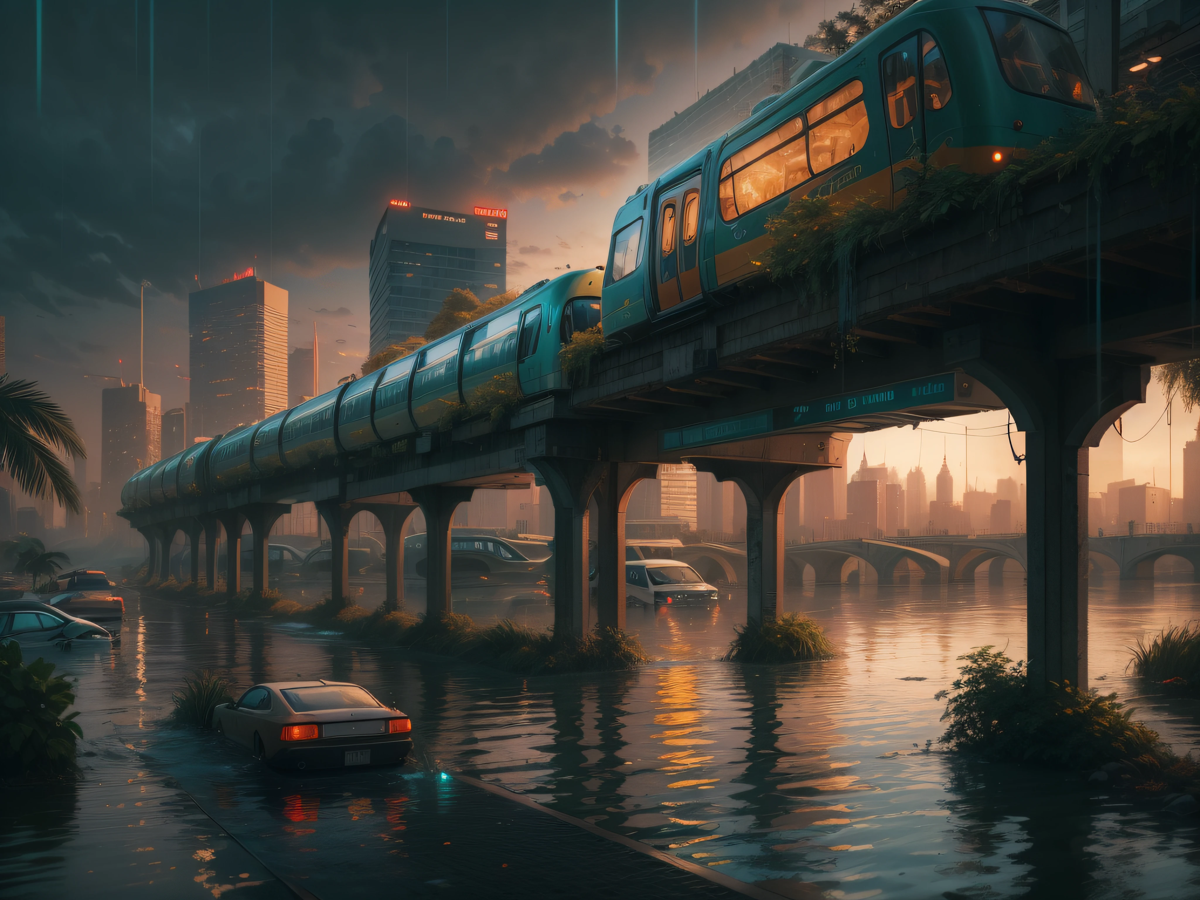 A cyberpunk cityscape of a partially flooded tropical metropolis, a monorail over the water, at sunset in light rain, by Jacob Lawrence and Francis picabia, perfect composition, beautiful detailed intricate insanely detailed octane render trending on artstation, 8 k artistic photography, photorealistic concept art, soft natural volumetric cinematic perfect light, chiaroscuro, award - winning photograph, masterpiece, oil on canvas