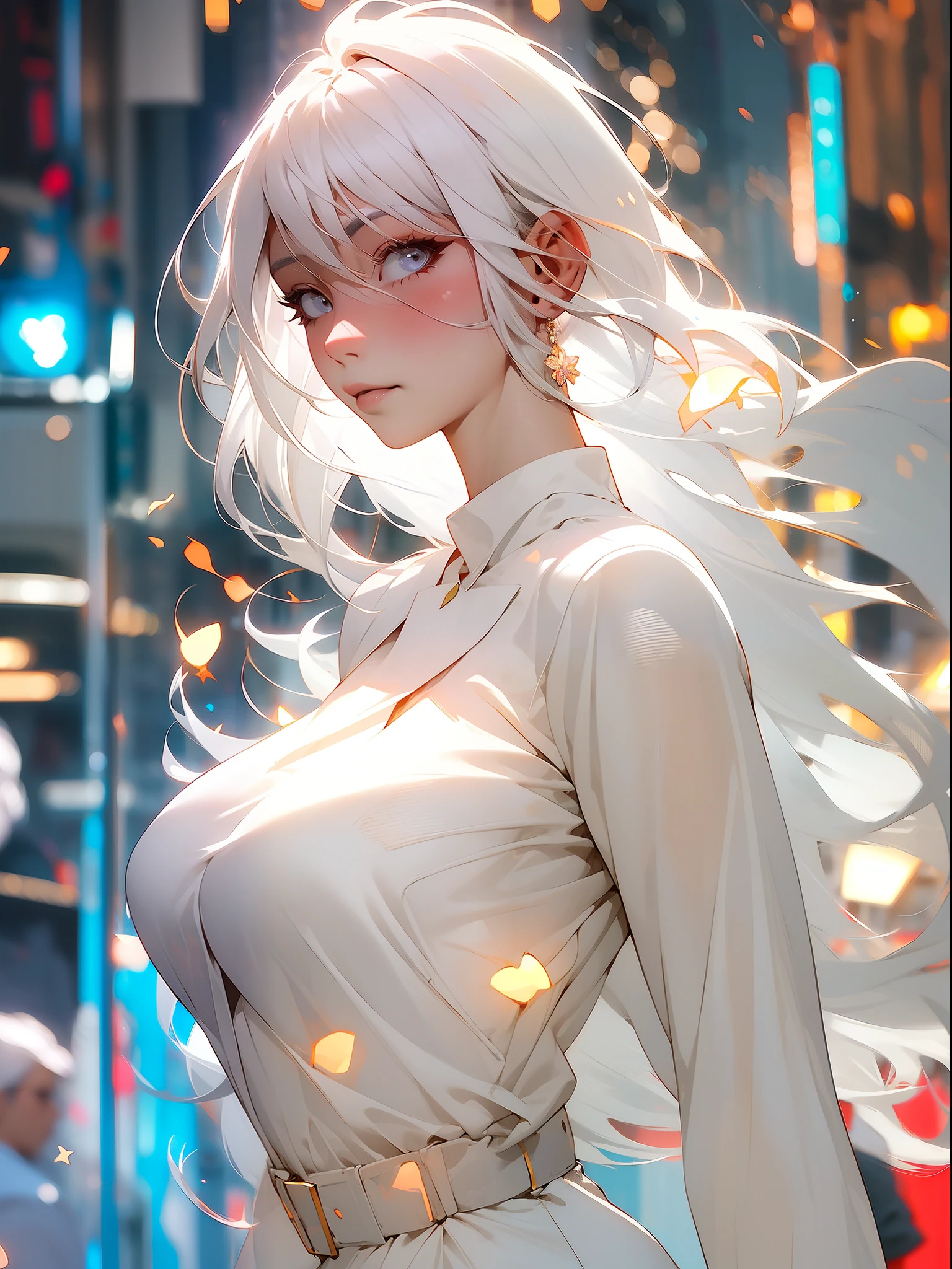 best quality, photorealistic, 8k, high res, 1girl, woman,(skindentation), (large breast), (professional lighting, bokeh), (street), (people, crowds:0.6), market,  (night:1.2),(white hair:2.0), (blouse:1.5), (portait:0.6), gorgeous, bloom, (floating hair),(light particles, lens flare, glowing particles:0.6), (dynamic pose:1.2), soft lighting,