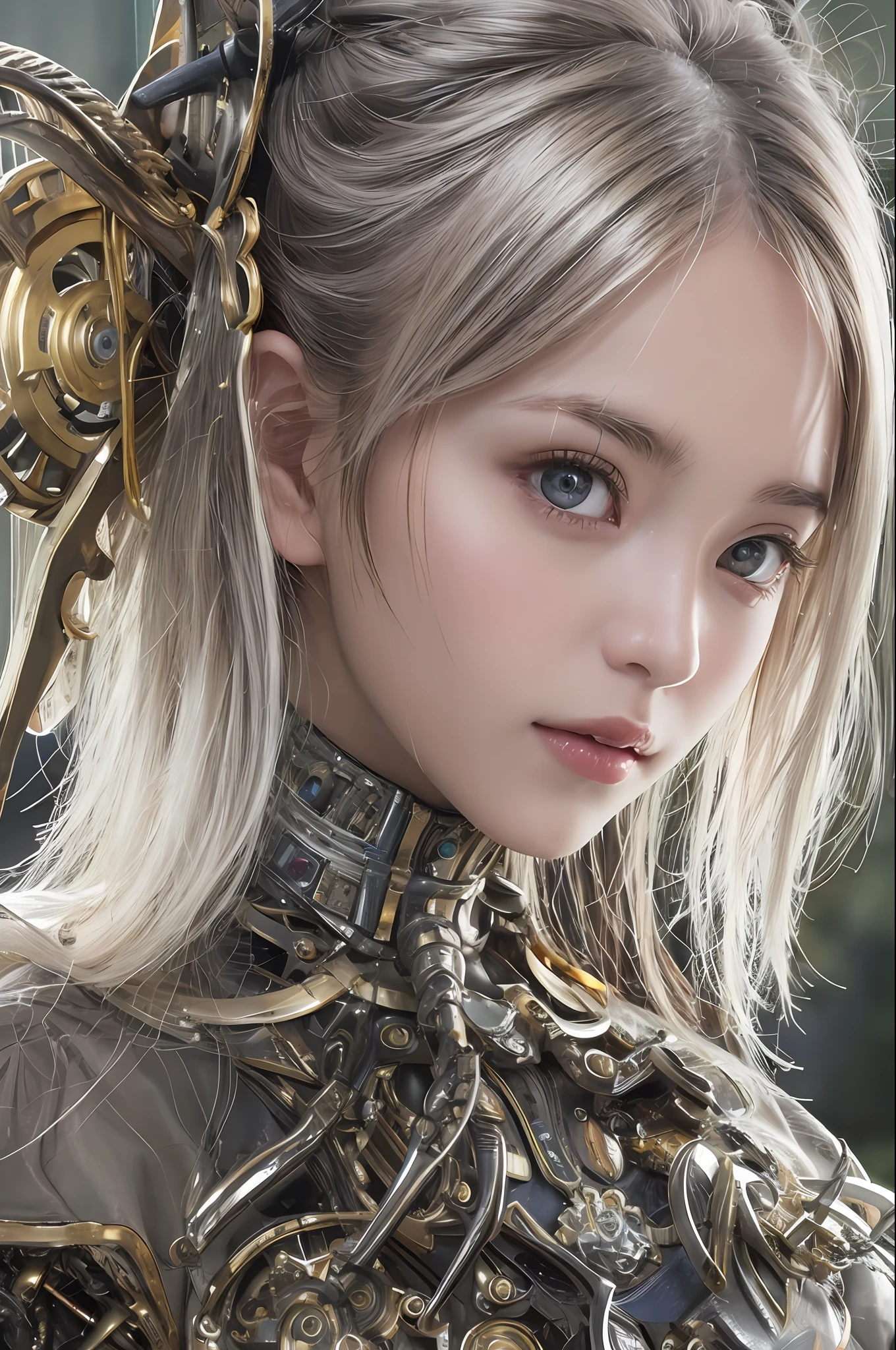 top-quality、​masterpiece、超A high resolution、(Photorealsitic:1.4)、Raw photo、女の子1人、white  hair、glowy skin、1. Mechanical Angel Girl、White ceramic body、large metal wings、((super realistic details))、portlate、globalillumination、Shadow、octan render、8K、ultrasharp、Colossal tits、Raw skin is exposed in cleavage、metals、Details of complex ornaments、Steampunk details、Hydraulic cylinder、highly intricate detail、Realistic light、CGSoation Trends、a purple eye、radiant eyes、Facing the camera、neon details、Mechanical limbs、blood vessels connected to tubes、Mechanical vertebrae attached to the back、mechanical cervical attaching to neck、cowboy  shot、Wires and cables connecting to the head、Sumerian details、Small LED lamp、