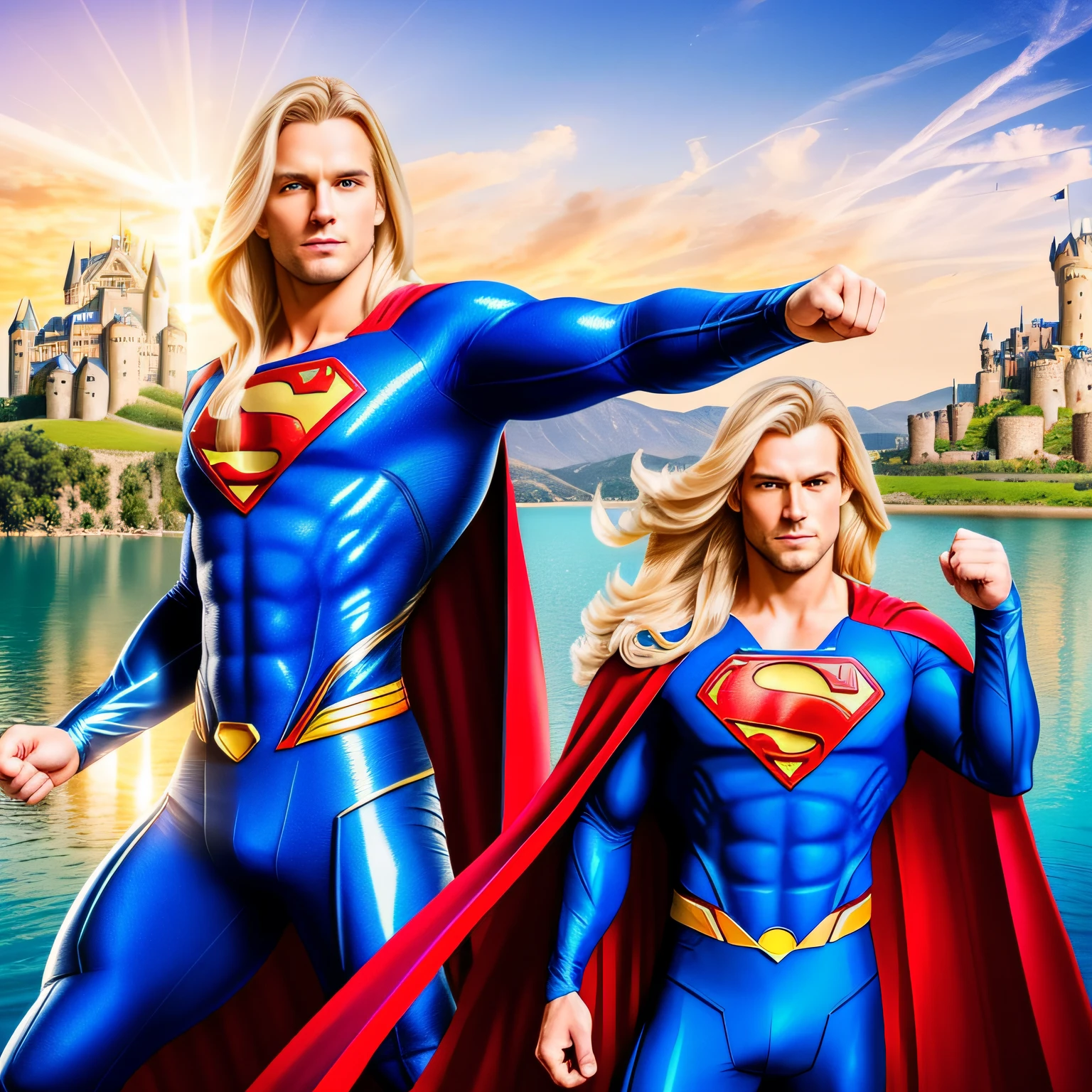 There is an extremely handsome man with long blonde hair aged 25 years in a superman outfit. athletic blue eyes flashy and iris realistic super realistic bright and perfect skin behind a beautiful castle large with several towers and a paradisiacal lake with rays and lots of light bright beings realistic and cinematic image. com , Feliz!!!, --auto