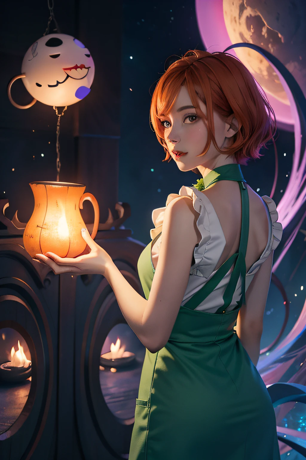concept art, overhead angle of a Will-o'-the-wisp, wearing Funny Somali Emerald deep orange Pinafore, Caramel hair styled as Short hair, fluorescent purple Hair tie, equirectangular 360, Highres,  [(art by Willi Baumeister:1.1), (art by John T. Biggers:1.2)::17], official art, unity 8k wallpaper, ultra detailed, aesthetic, masterpiece, best quality, photorealistic