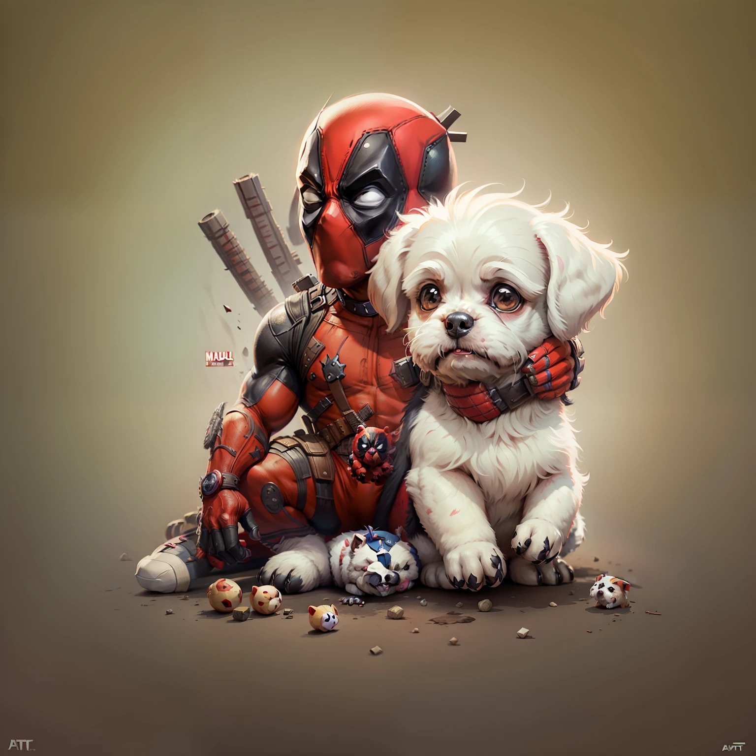 DEADPOOL with a Maltese puppy, estilo caricatura, ARTE DIGITAL