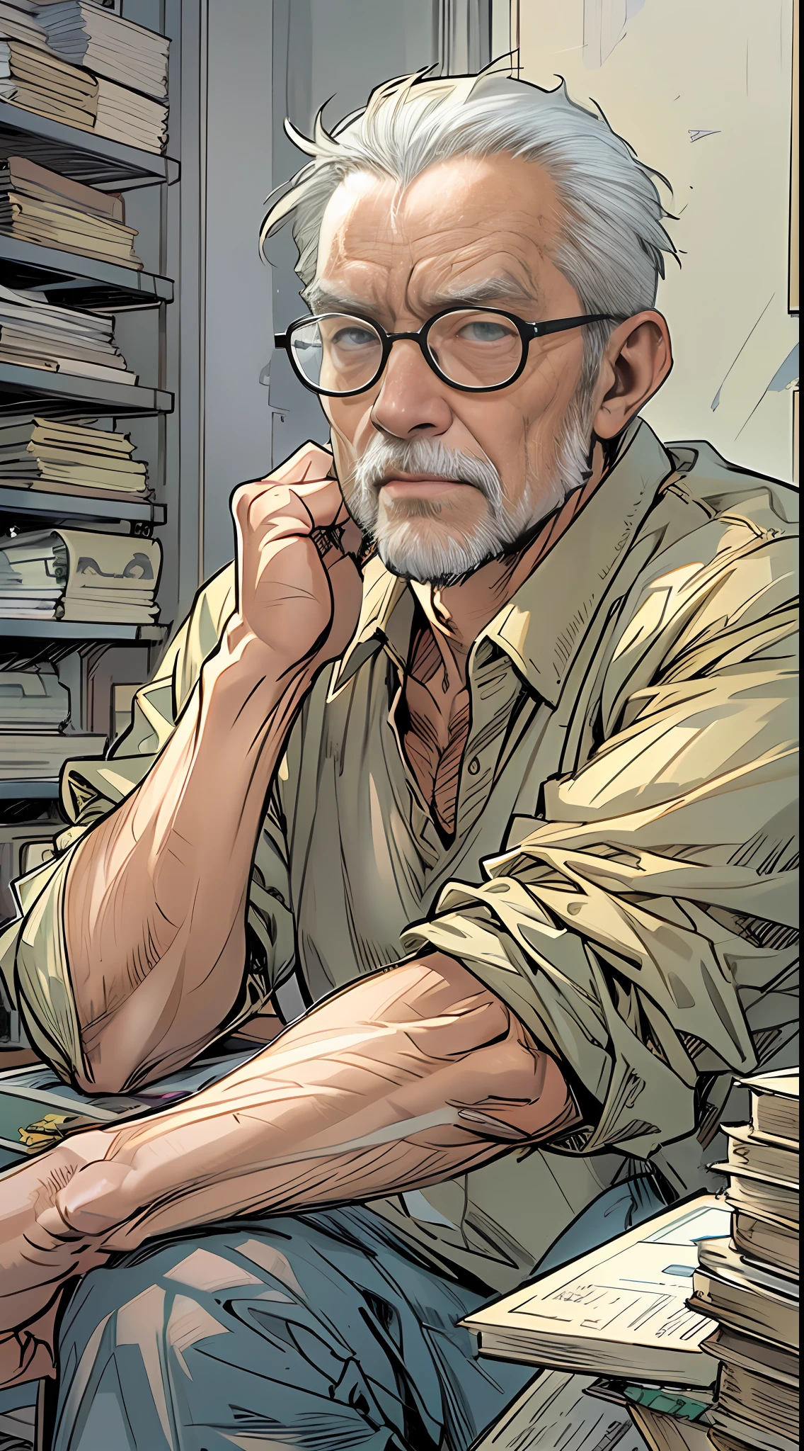 an old man with glasses in an empty room in a comic, in the style of xiaofei yue, intense close-ups, bryan hitch, light gray and light gold, makoto shinkhai, official art, caffenol developing, 32k, best quality, masterpiece, super detail, high details