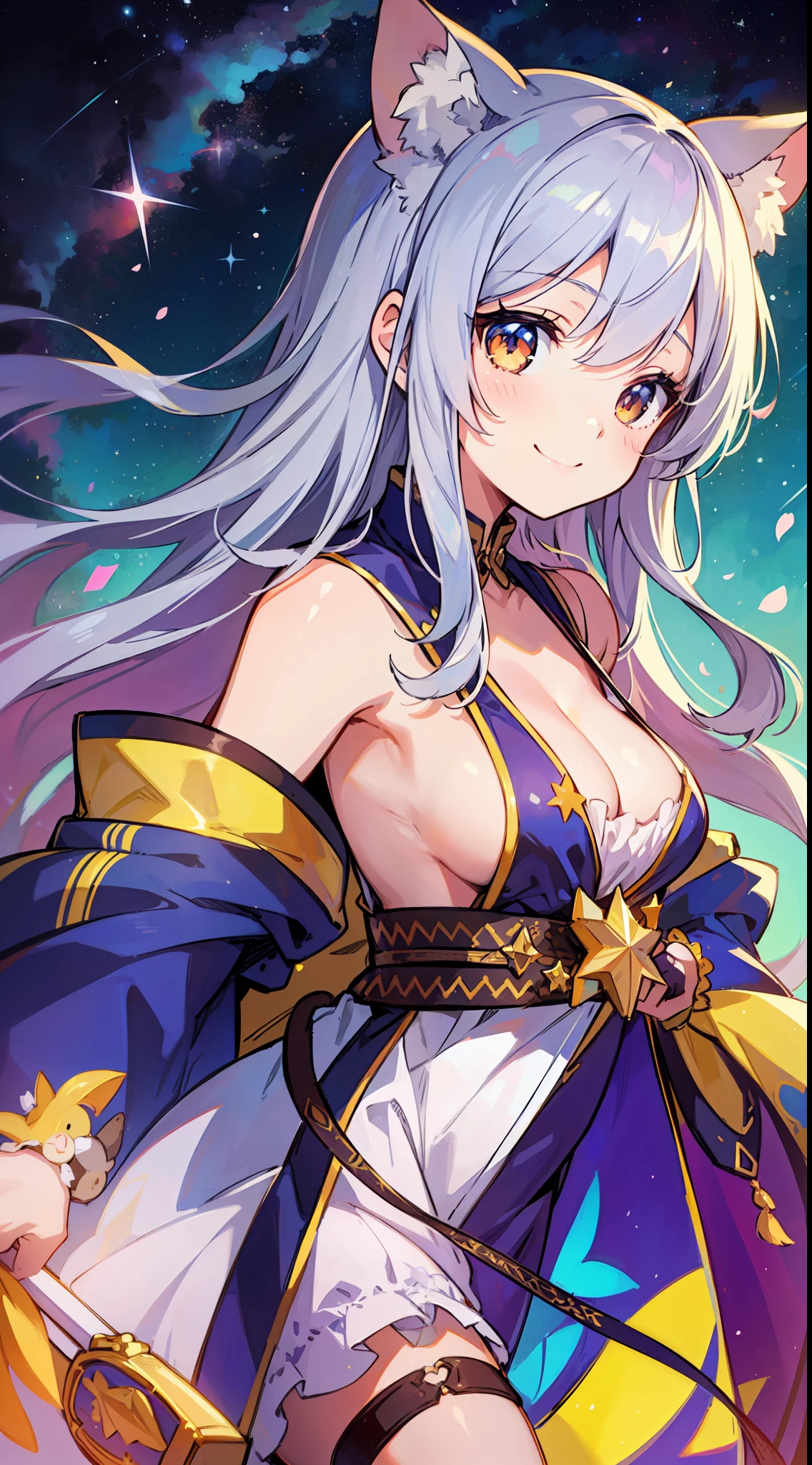 (masterpiece)、(Top quality anime illustrations)、(ultra-detailliert)、(独奏)、Beautiful girl with silver hair、 Girl、Star Priest、Cat eared loli、sleeve less、Cleavage breasts、sideboob barbosa、A smile、Thigh Focus、starrysky