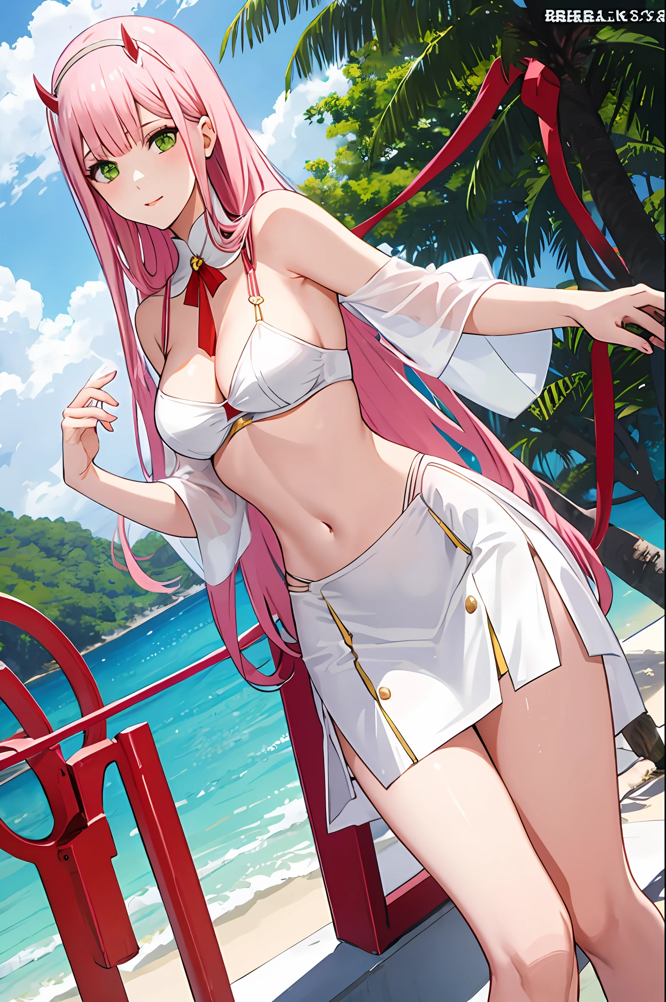 zero two, white gown, medium breast, navel, slim legs, sunny day, Beach, leaning, beautiful eyes, green eyes, nervous, skirt