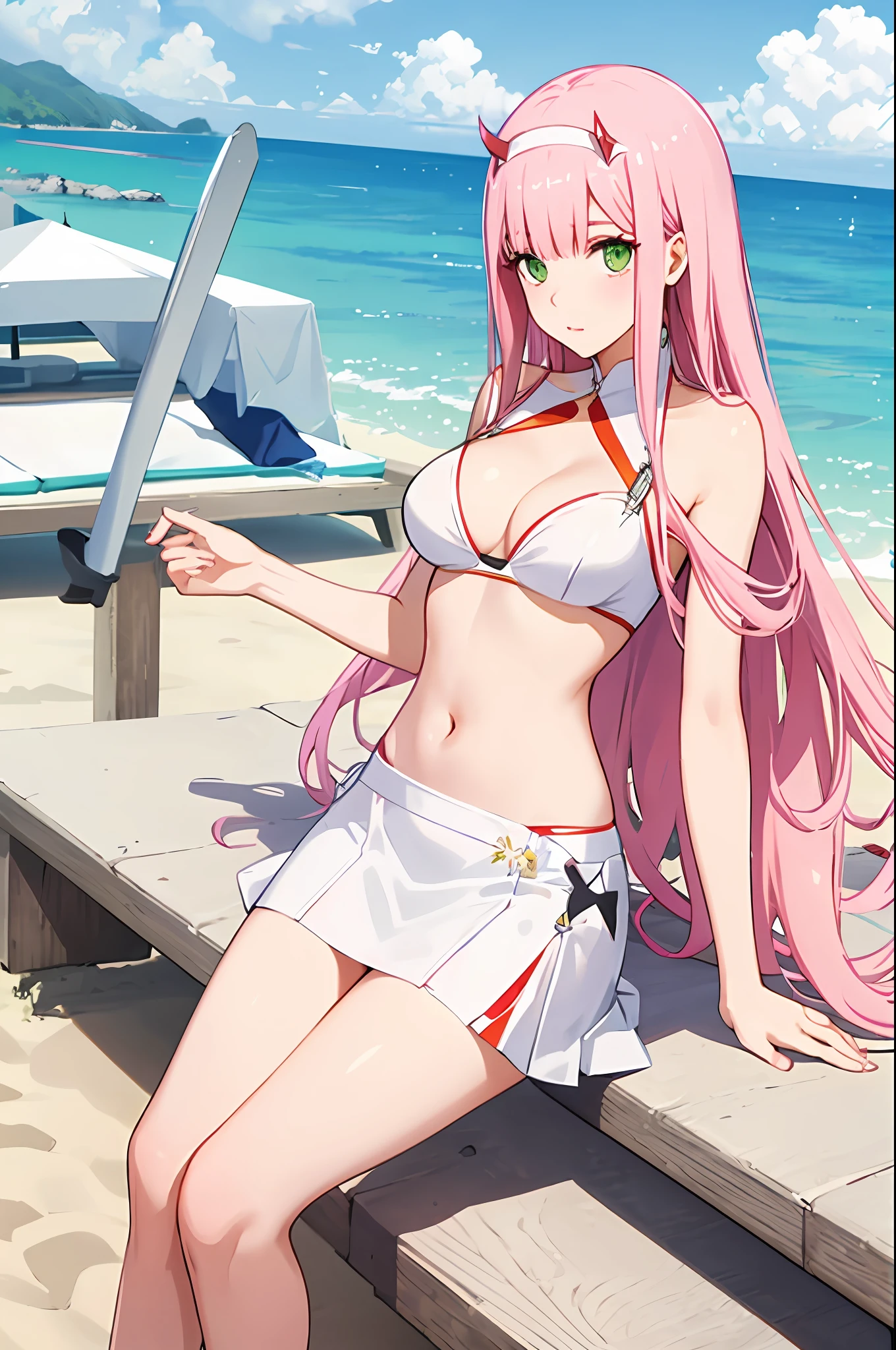 zero two, white gown, medium breast, navel, slim legs, sunny day, Beach, leaning, beautiful eyes, green eyes, nervous, skirt