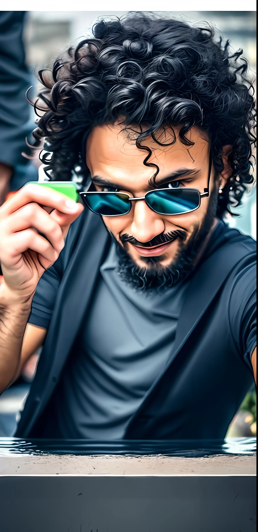 there is a man with a beard and sunglasses on taking a selfie, Zack da Rocha, Saadane AFIF, Atef, Ahmad Merheb, Foto do perfil, um homem negro com longos cabelos cacheados, Amr Elshamy, Estilo Mohamed Chahin, imagem de perfil, Mohamed Chahin, cabelo preto cacheado, highes definition