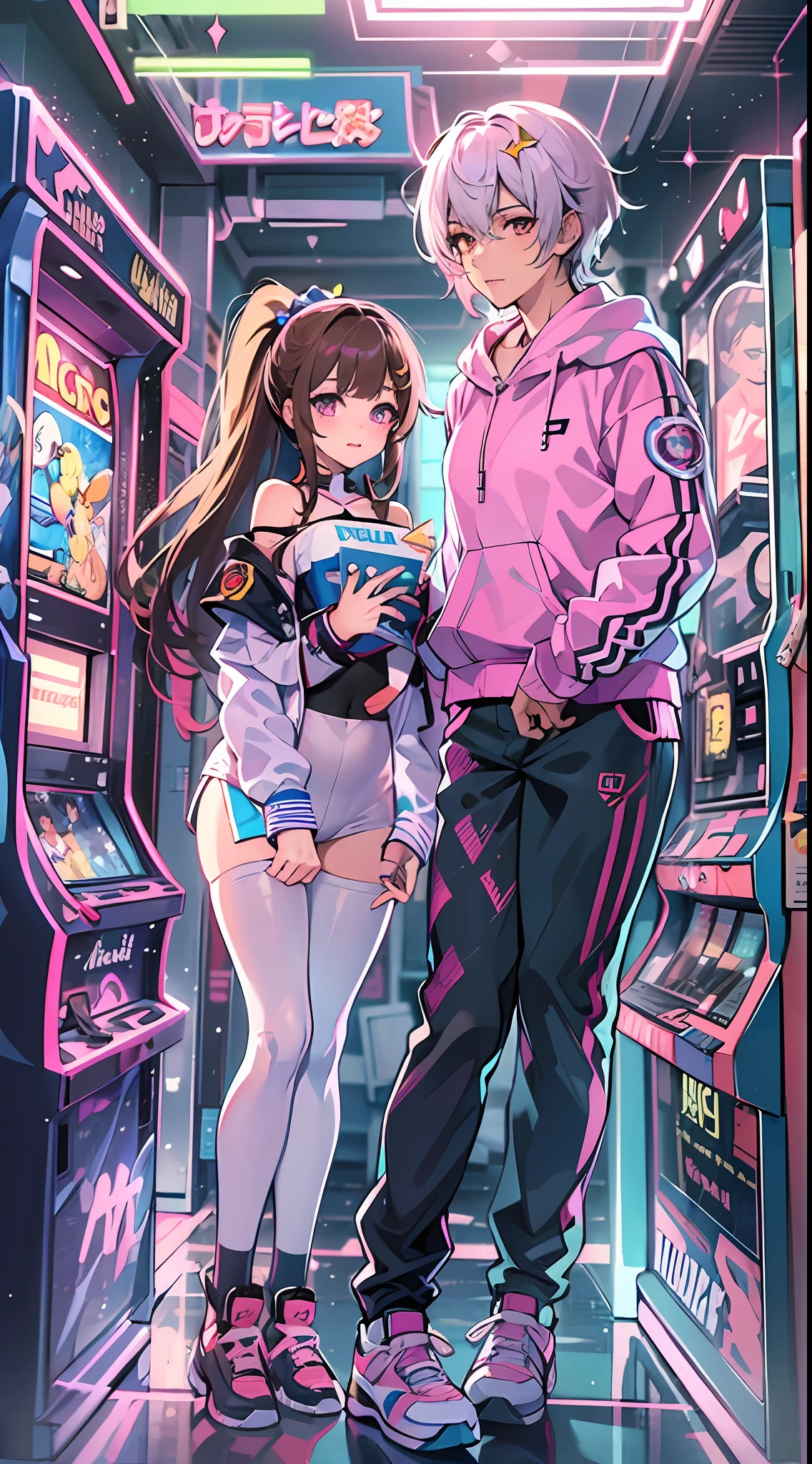 ((Masterpiece)), best quality, absurderes, ultra detailed, holographic, cowboy shot, golden ratio, super cute girl, mature girl, idol girl, super beautiful asian girl with very beautiful violet glowing eyes, beautiful glowing brown multicolored hair, high ponytail, nice and sexy body, slim body, perfect body, wearing a super tight anime printed leotard, an anime printed super tight off shoulder long sleeve crop top, a super aesthetic transparent mini jacket, beautiful hair ornament, pink jordan tennis, playing with her handsome skinny boyfriend, with black messy glowing hair and super informal clothing in the arcade games