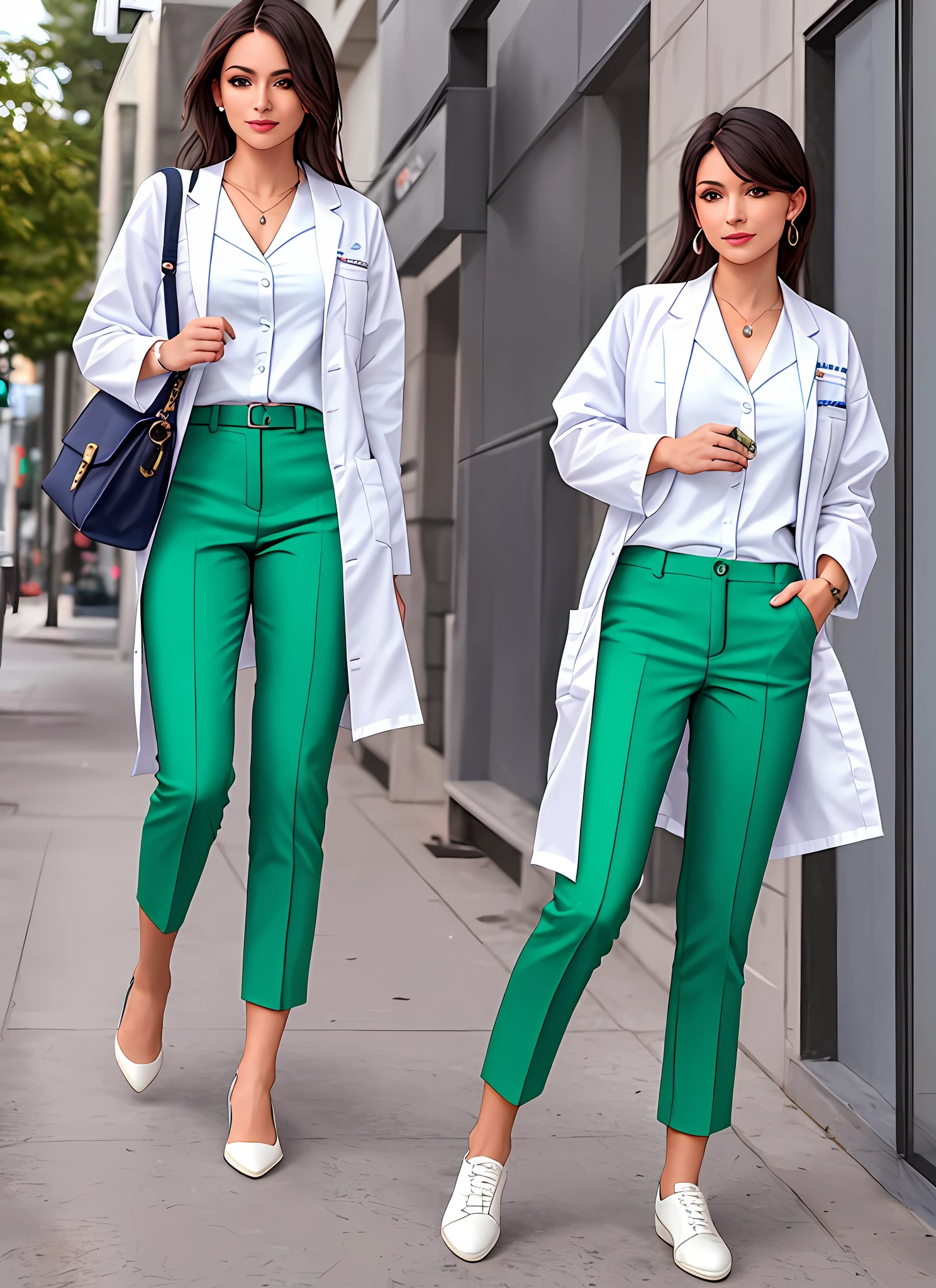 mulher bonita 1girl, 30 anos de idade, (white scenario), encaixar, up to, wearing white lab coat and green blouse with green pants, usando sapatos pretos, Enfermeira, menina do tanque, alto detalhe, 8k