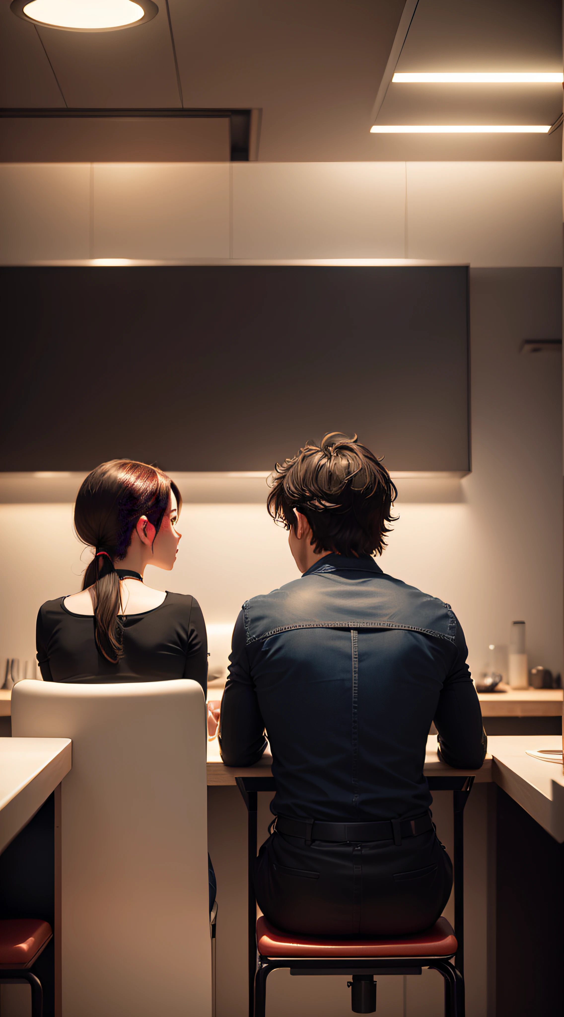 A modern couple sits in a technologically charged restaurant enjoying lunch,The two looked at each other,We can only see the side faces of the two people --auto
