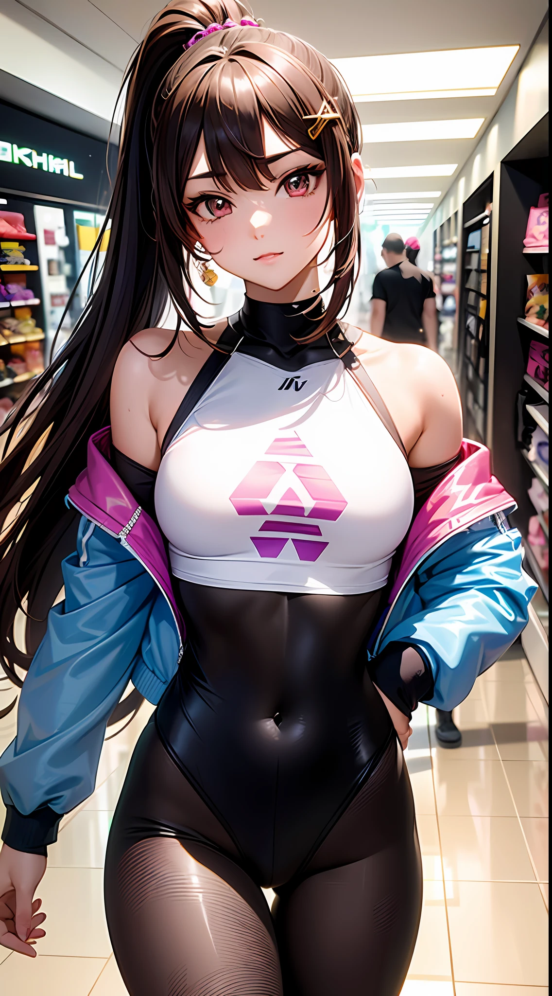 ((Masterpiece)), best quality, absurderes, ultra detailed, holographic, cowboy shot, golden ratio, super cute girl, girl, idol girl, super beautiful asian girl with very beautiful violet glowing eyes, beautiful glowing brown multicolored hair, high ponytail, nice and sexy b, slim body, perfect body, wearing a super tight anime printed leotard, an anime printed super tight off shoulder long sleeve crop top, a super aesthetic transparent mini jacket, beautiful hair ornament, pink jordan tennis, being photographed in a mall shop, with her handsome skinny boyfriend, with black messy semi-long glowing hair and anime casual clothing
