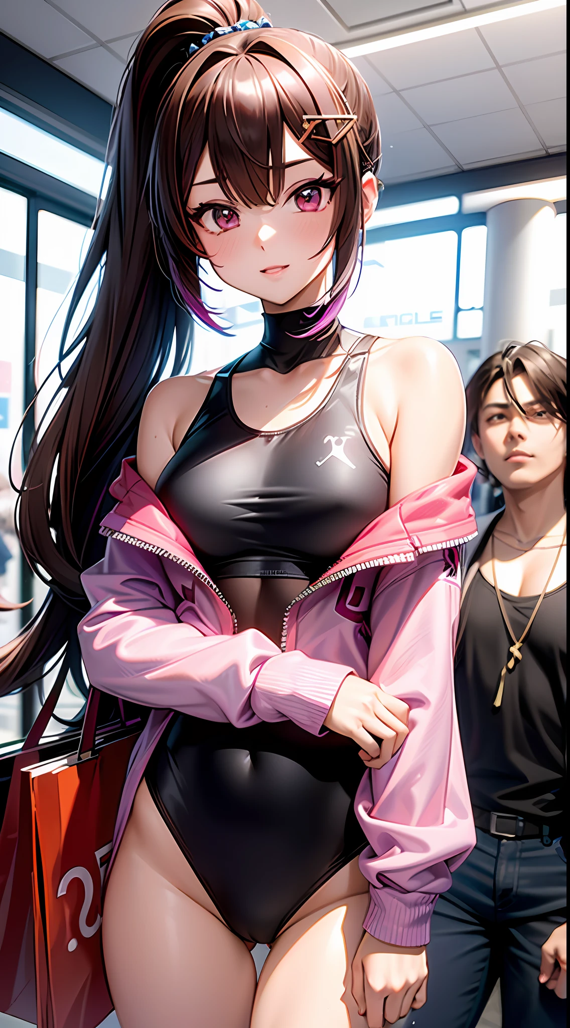 ((Masterpiece)), best quality, absurderes, ultra detailed, holographic, cowboy shot, golden ratio, super cute girl, mature girl, idol girl, super beautiful asian girl with very beautiful violet glowing eyes, beautiful glowing brown multicolored hair, high ponytail, nice and sexy body, slim body, perfect body, wearing a super tight anime printed leotard, an anime printed super tight off shoulder long sleeve crop top, a super aesthetic transparent mini jacket, beautiful hair ornament, pink jordan tennis, being photographed in a mall shop, with her handsome skinny boyfriend, with black messy semi-long glowing hair and anime casual clothing