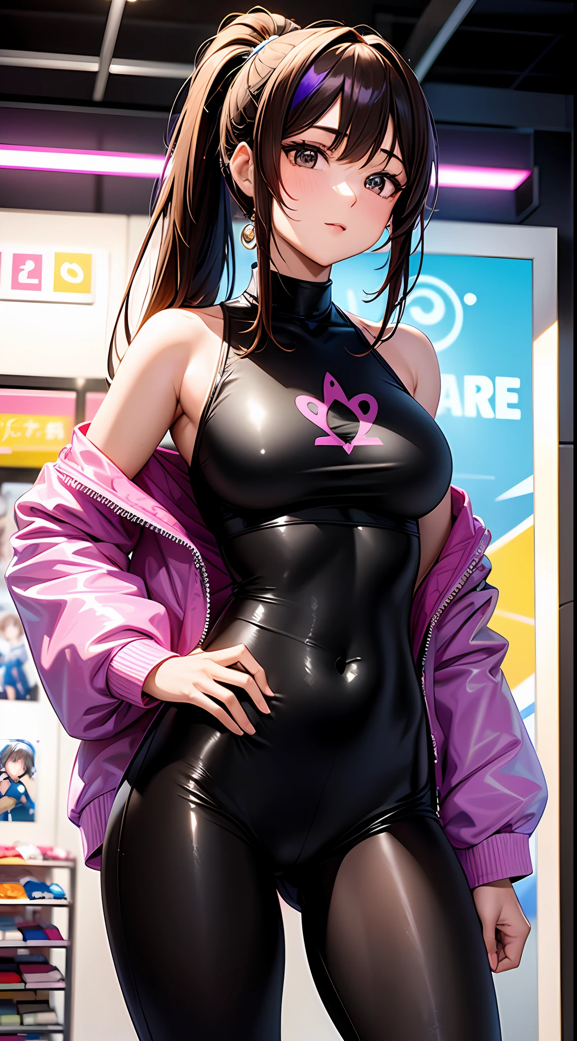 ((Masterpiece)), best quality, absurderes, ultra detailed, holographic, cowboy shot, golden ratio, super cute girl, mature girl, idol girl, super beautiful asian girl with very beautiful violet glowing eyes, beautiful glowing brown multicolored hair, high ponytail, nice and sexy body, slim body, perfect body, wearing a super tight anime printed leotard, an anime printed super tight off shoulder long sleeve crop top, a super aesthetic transparent mini jacket, beautiful hair ornament, pink jordan tennis, being photographed in a mall shop, with her handsome skinny boyfriend, with black messy semi-long glowing hair and anime casual clothing