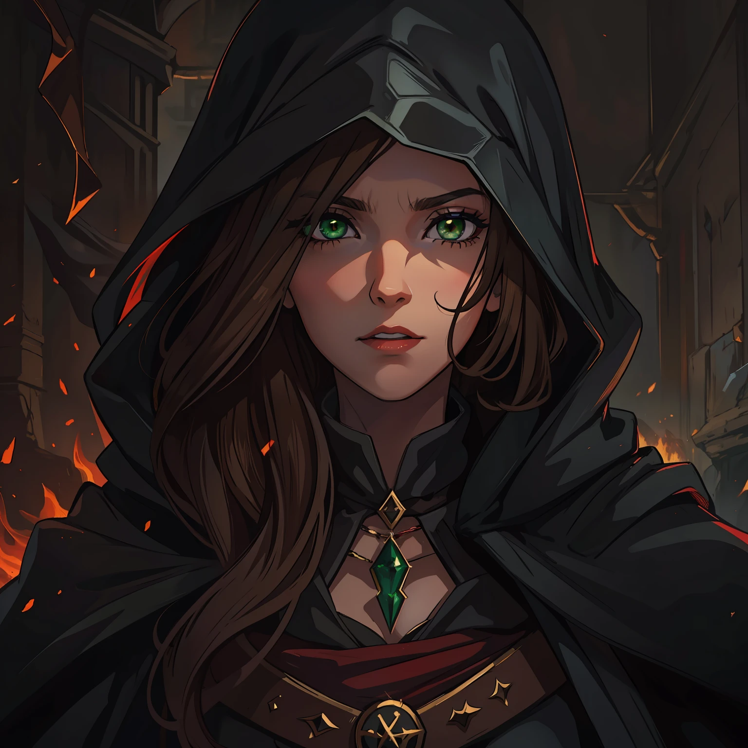 A beautiful woman with green eyes and brown hair, she is a dark magician sorceress wearing dark black cloaks with a shade of red, an evil villain for an RPG, a medieval art for RPG;
