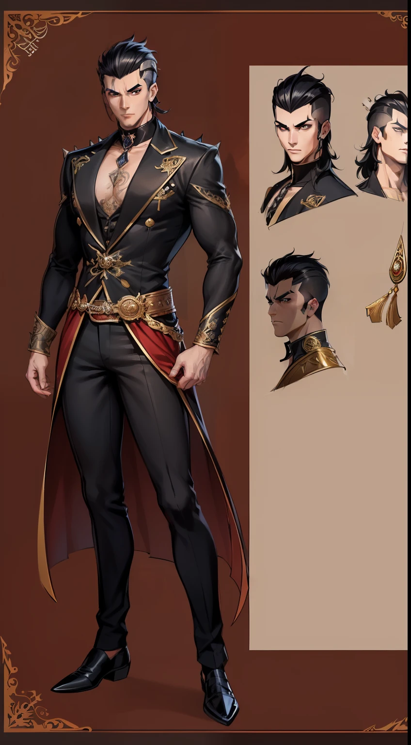 ((highest quality, masterpiece, 4k, finely detailed, detailed eyes, detailed face, intricate details, pixiv, gelbooru)), (((reference sheet, full body pose))), male, spikey hairstyle, black hair, revealing clothing, sharp eyes, intense pose, handsome sharp features, masculine, muscular, hairy, manly