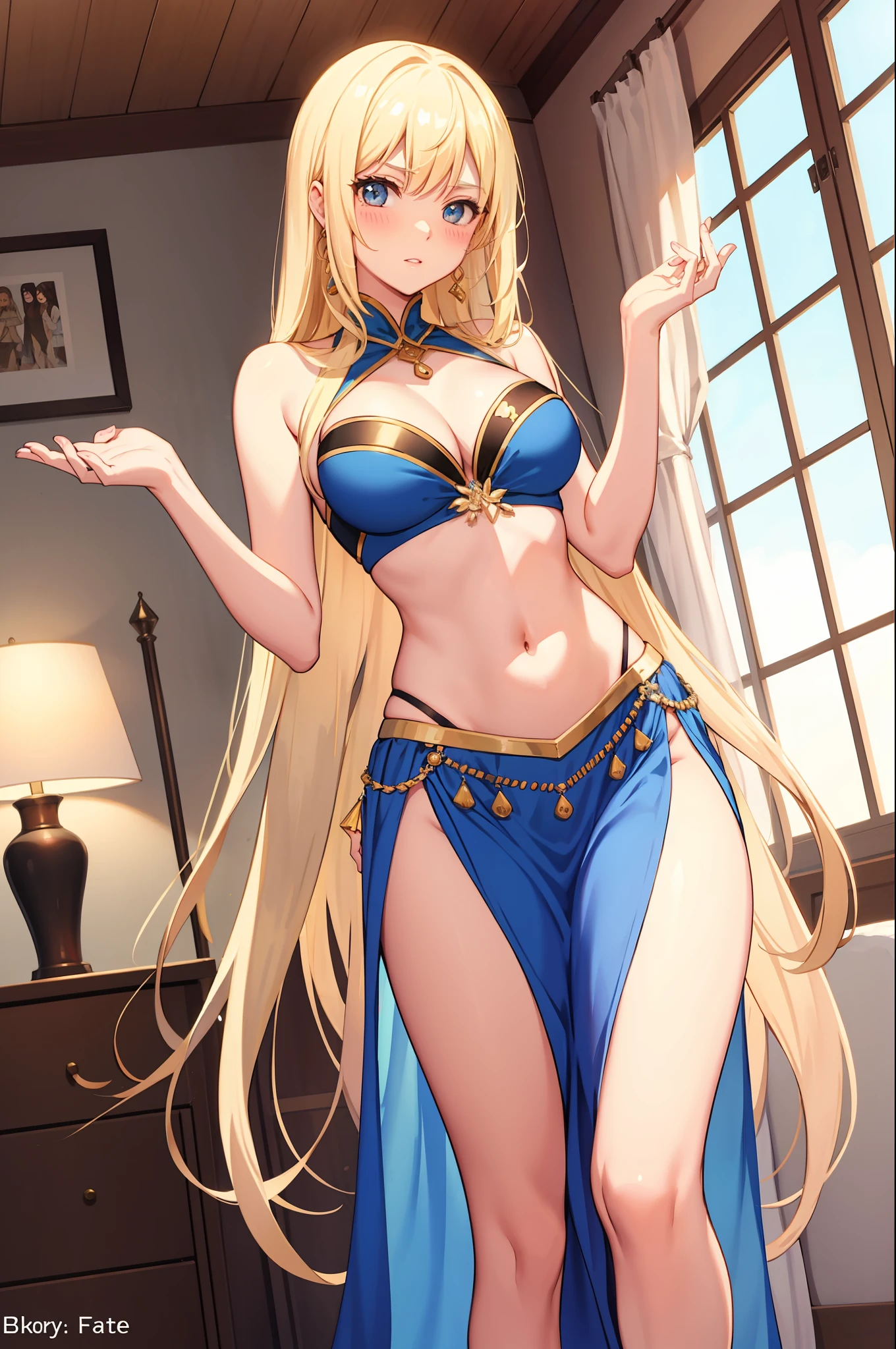 long hair,  medium breast, cleavage, navel, slim legs, morgan fate, blonde hair, gown, blushing, skirt, standing, bedroom, arabian belly dancer