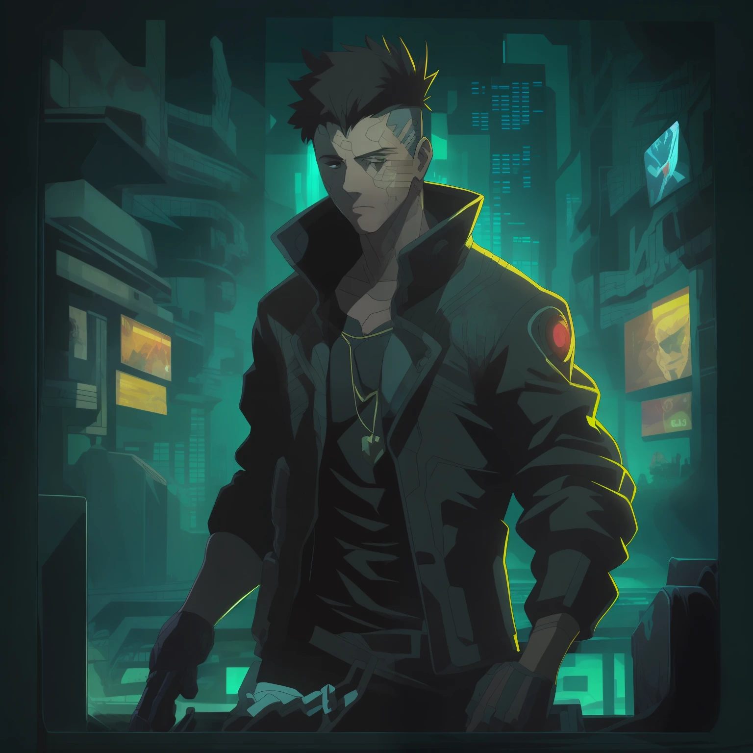 Crie a arte de um personagem humano jovem masculino, estatura mediana e porte normal, vestindo camiseta, jaqueta de trincheira longo da cor preta, inspirado no jogo Shadowrun, Fantasy Cyberpunk Noir