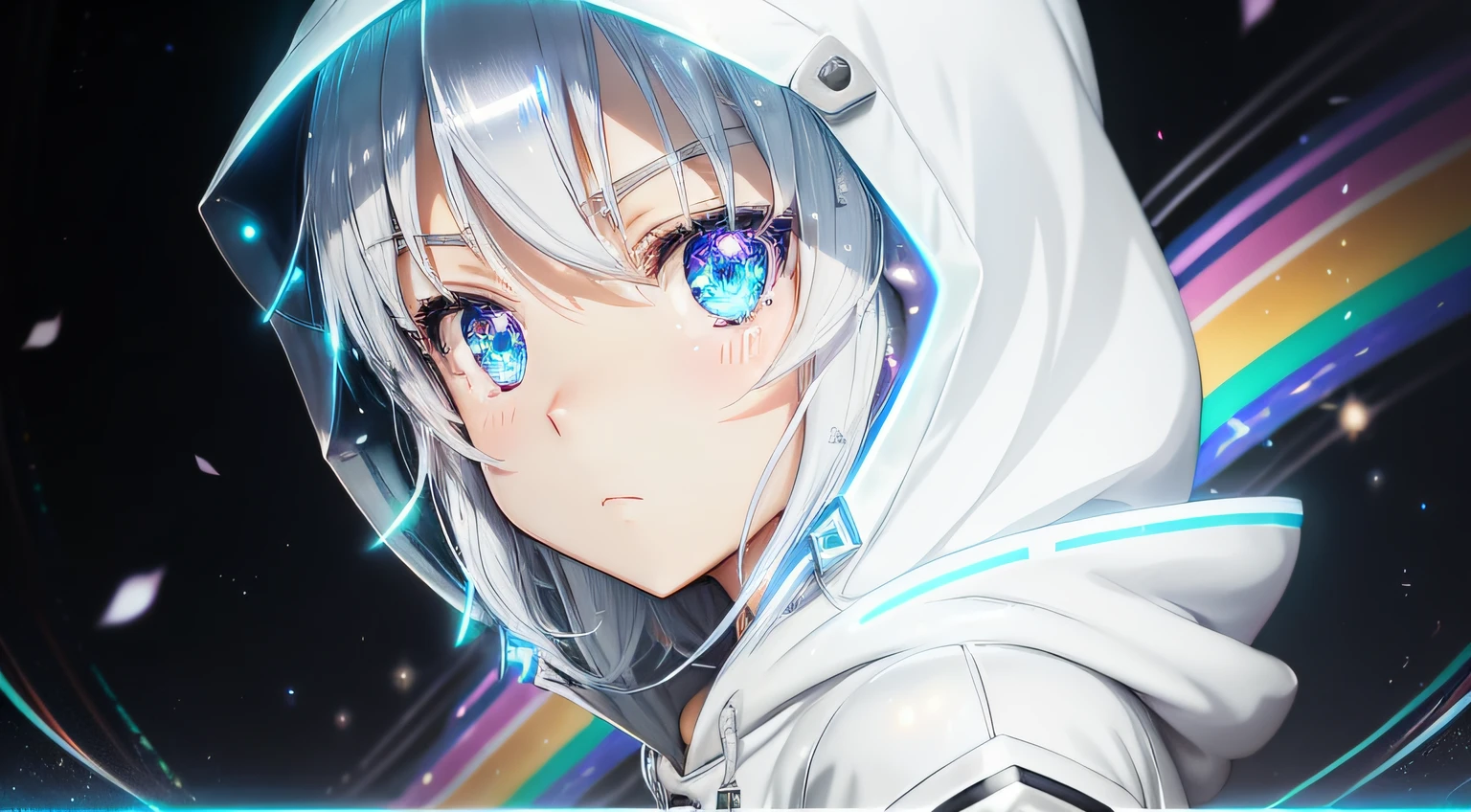 Sword Art Online、Cartoon wind 2D face、white  hair、kawaii、Expressionless heroine beautiful girl、Shiny silver hoodie、Shine like neon colors、Make your face look like a cartoon heroine、2D、Wear lots of neon-colored light 、Wearing rainbow lights、Amazing backgrounds with colorful sparkles、Like in a fantasy world、Overall unified blueness、Magnificence、Portrait close-up --auto