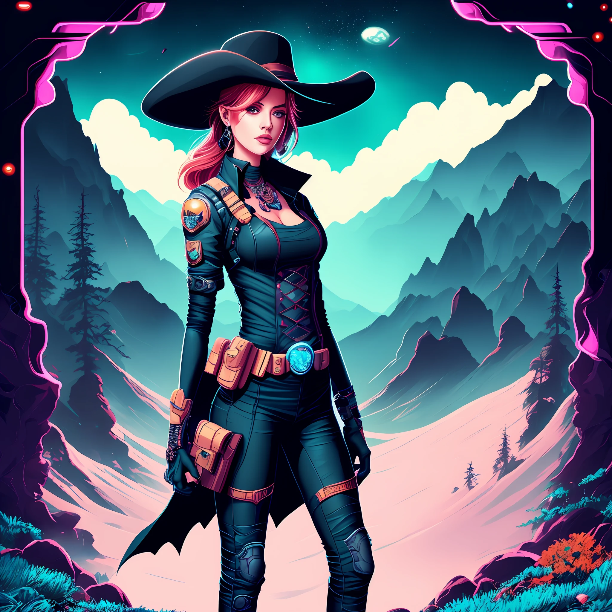 an attractive woman [gunslinger:bounty hunter:0.4] standing in a scifi wilderness (kawaiipro style:1)