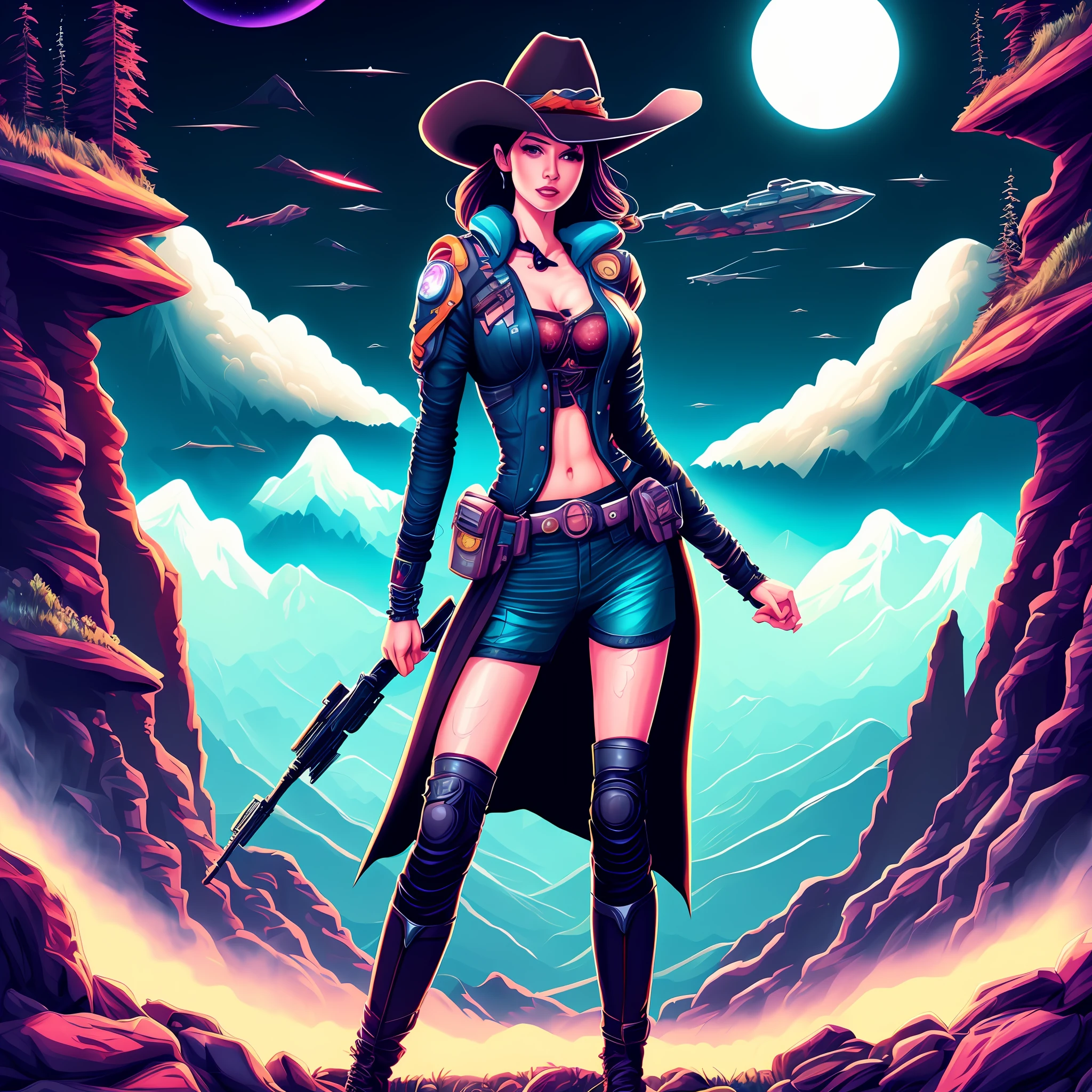 an attractive woman [gunslinger:bounty hunter:0.4] standing in a scifi wilderness (kawaiipro style:1)