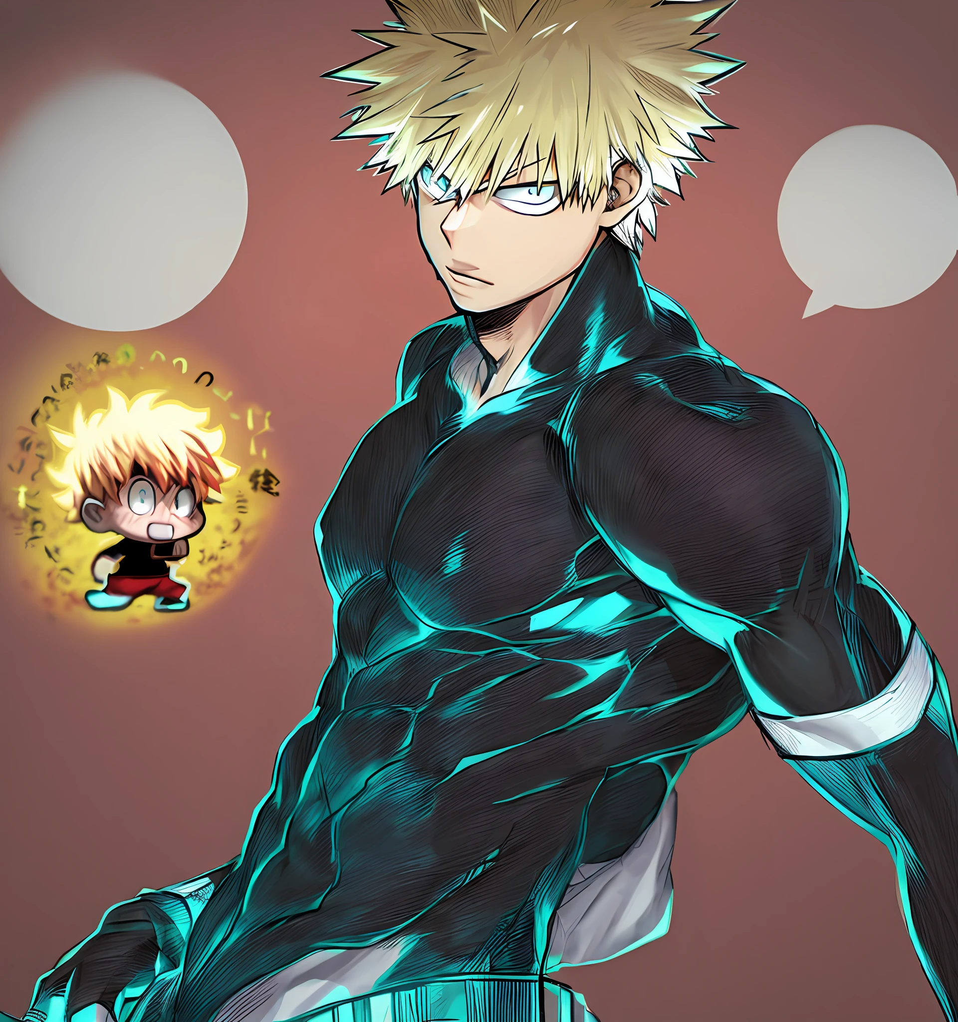 um close up de um homem sem camisa e sem camisa, boku no hero academia estilo, pose mais forte, Ichigo Kurosaki, Killua Zoldyck, musculoso!!, Killua Zoldyck cabelo loiro, musculoso!, Genos, Nagito Komaeda, pose, peito fofo