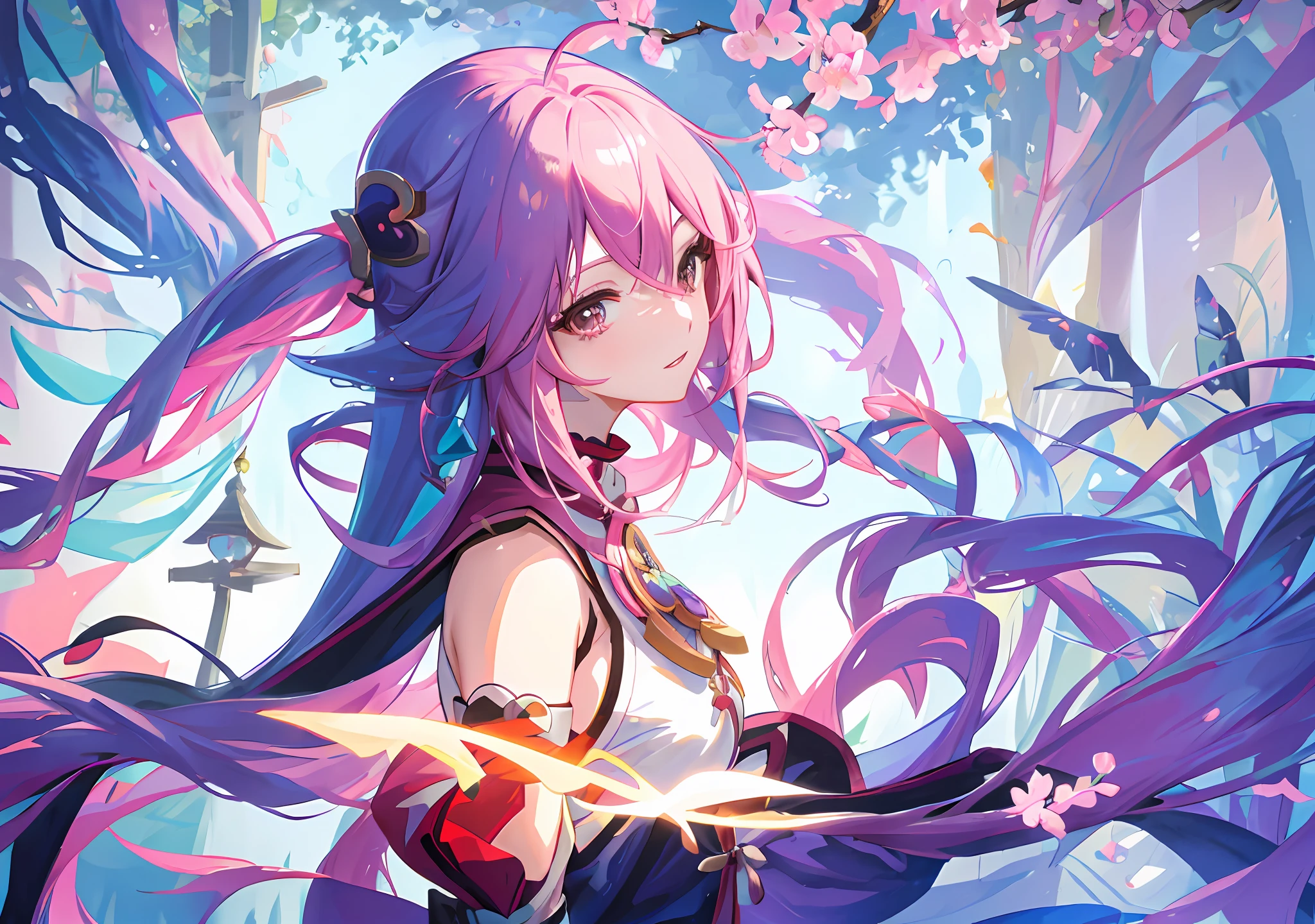 Anime girl with long pink hair and brown eyes standing in front of a cherry blossom tree, fox ear,Fluffy fox tail,Red and white color witch costume,style of anime4 K, aqua from konosuba, Best anime 4k konachan wallpaper, yae miko, Anime goddess, Portrait of Fu Hua, , seductive anime girls, Beautiful anime girl, Anime wallpaper 4K, Anime wallpaper 4 k, 4K anime wallpaper