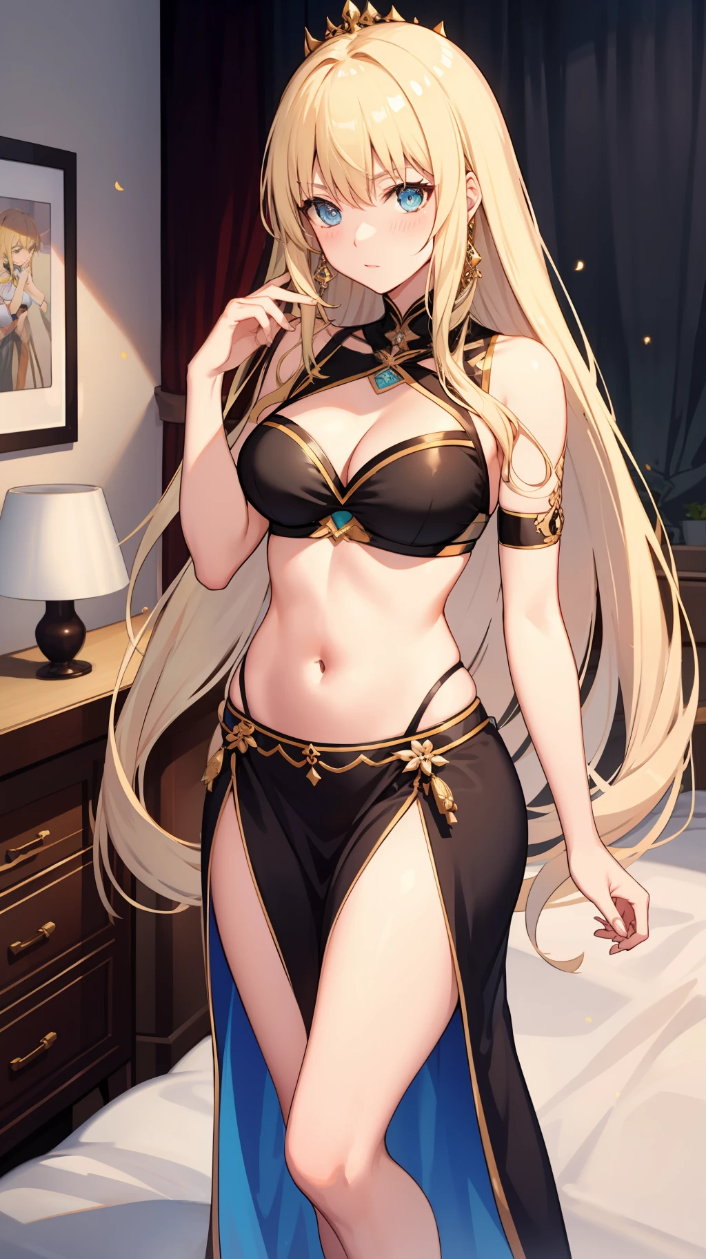 long hair,  medium breast, cleavage, navel, slim legs, morgan fate, blonde hair, gown, blushing, skirt, standing, bedroom, arabian belly dancer