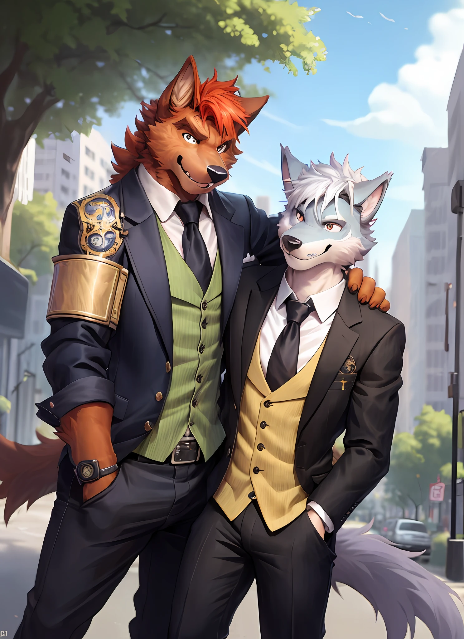 (furry art, uploaded on e621:1.4), 1boy, (solo_focus), (female) (furry:1.5) anthro, (upper body:1.3), on street, solo focus, detailed face, detailed eyes, detailed fluffy fur, fluffy tail, short hair, digitigrade, seductive pose, suit, fancy pants, digital painting, natural lighting, photorealistic (business suit:1.1), (smug face), smiling (cocky), steampunk