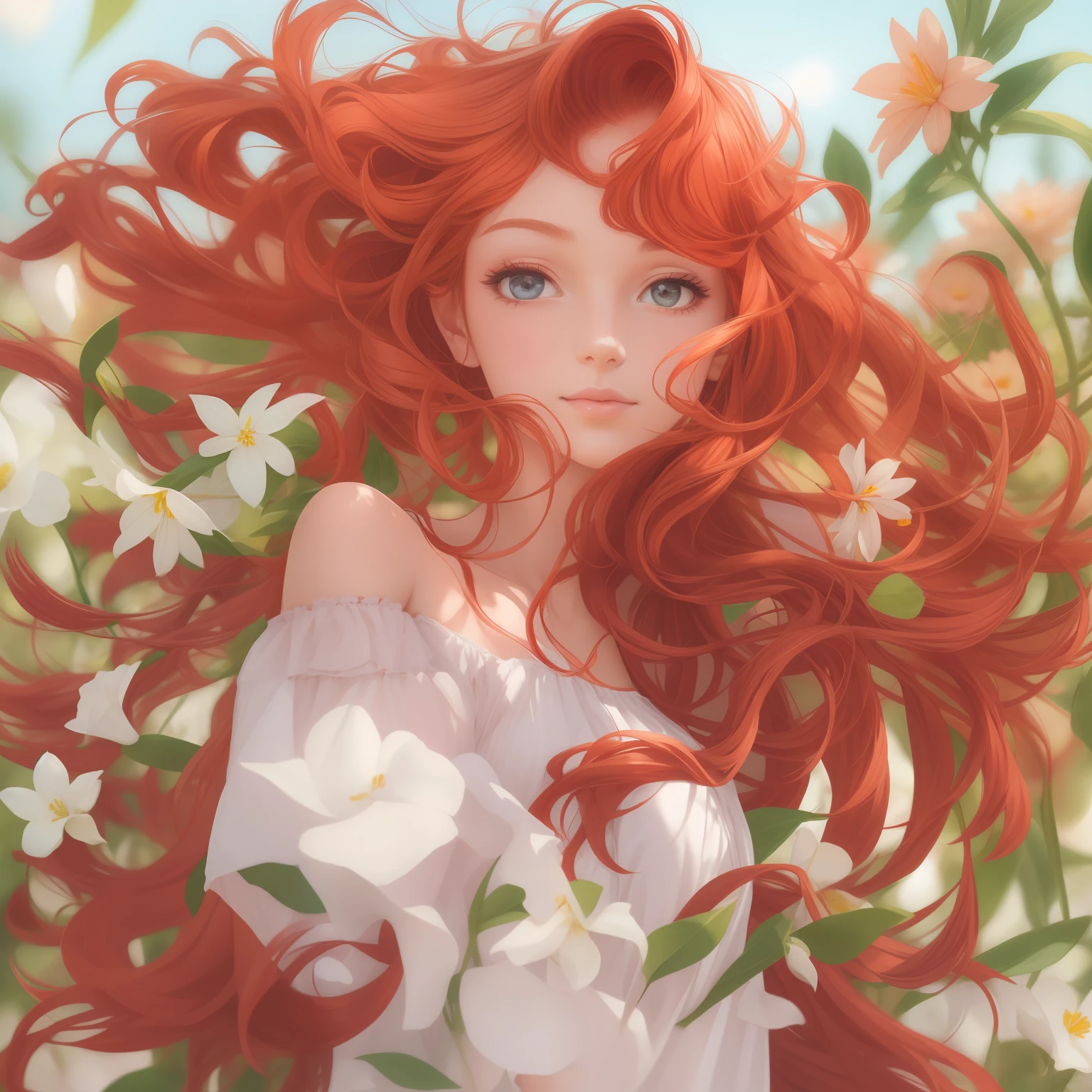 (best quality, masterpiece), young woman, pose, slight smile, wind, flowers, upper body, simple background, looking at viewer, long curly windblown red hair, beautiful artwork, perfect composition